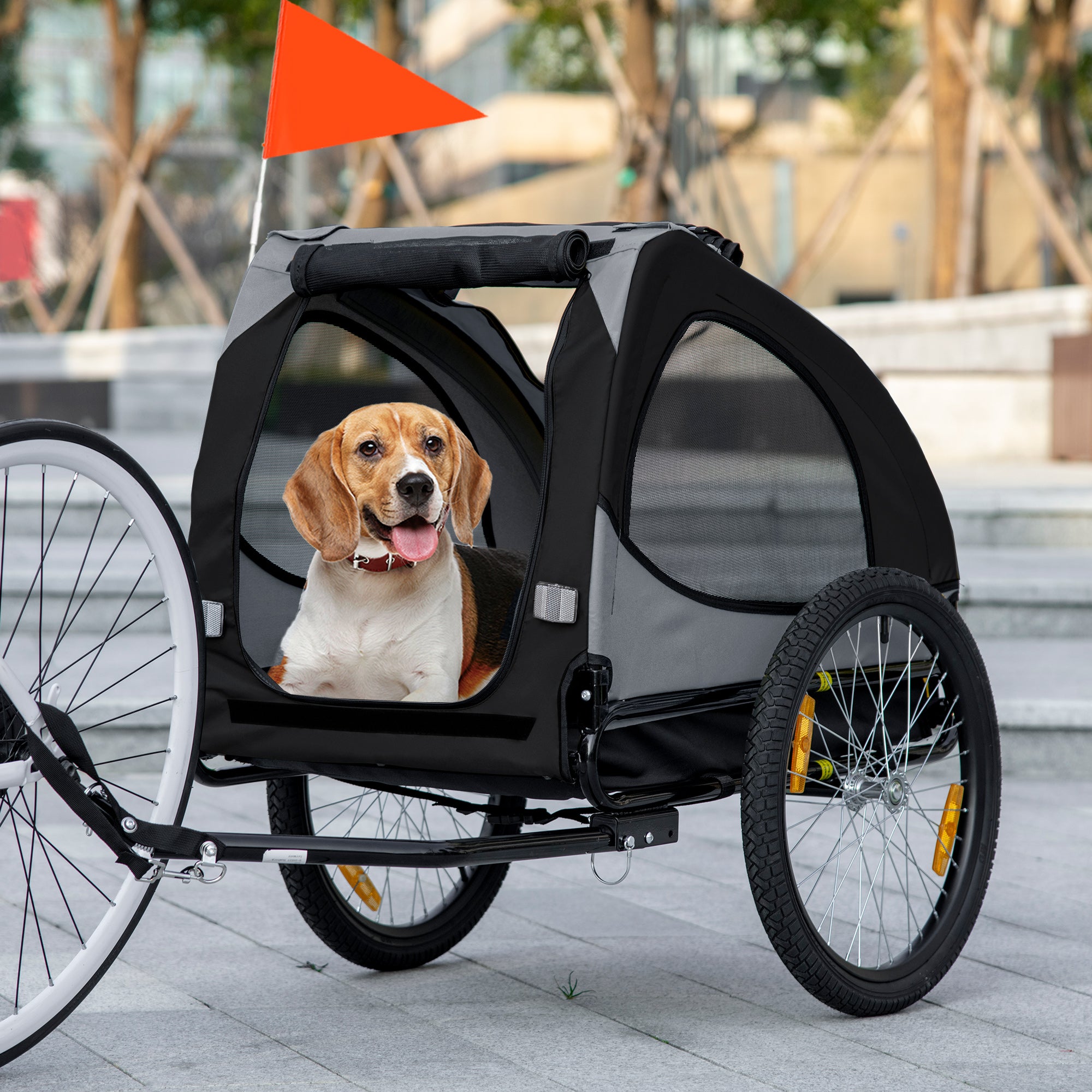 Aosom Dog Bike Trailer, Pet Bike Wagon with Steel Frame, Hitch Coupler, Quick Release Wheels, Reflectors, Flag, Pet Travel Carrier for Medium Dogs, Black
