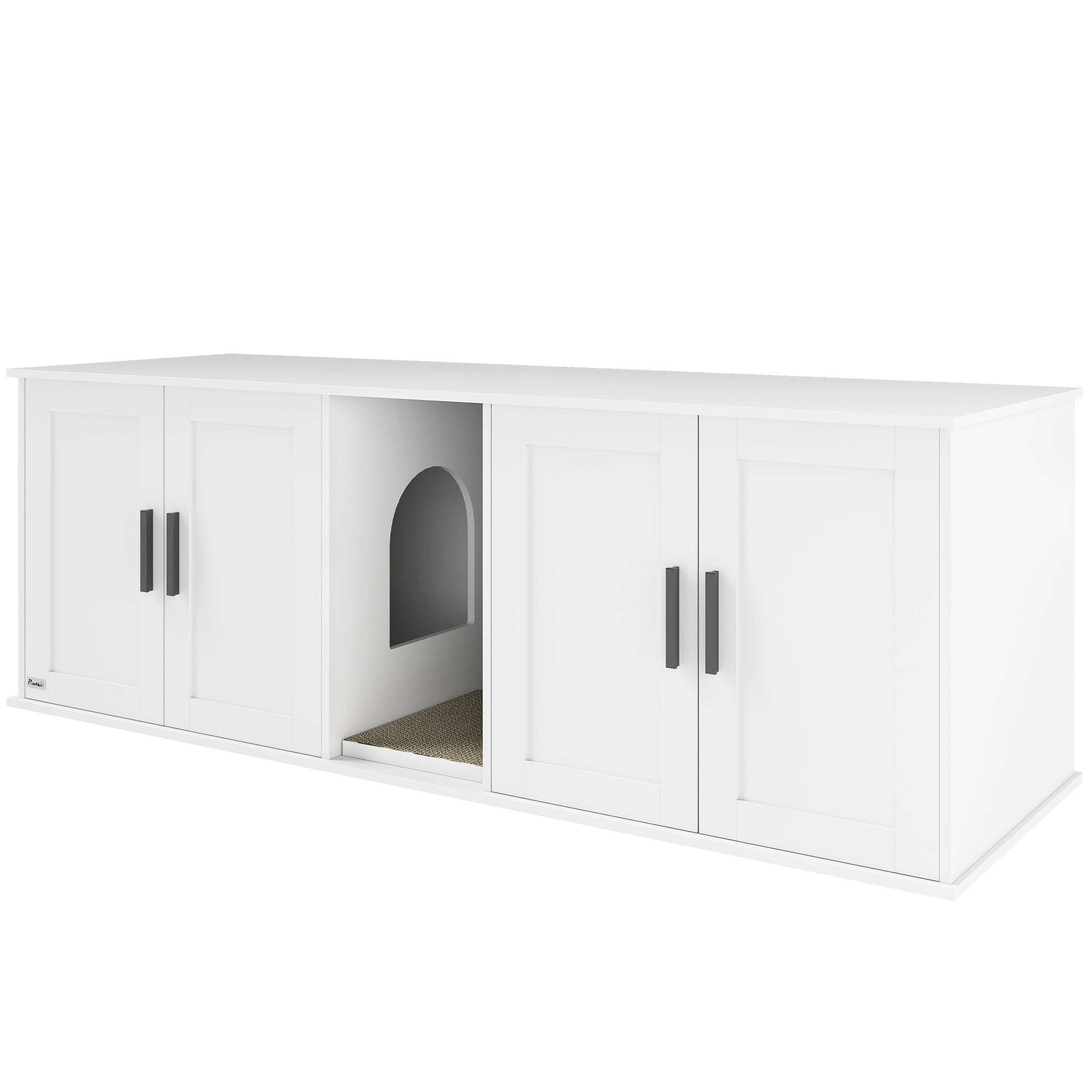 Cat Litter Box Enclosure for 2 Cats, 145 cm Hidden Litter Box Furniture with Double Room, Scratching Board, Indoor Cat House Washroom End Table, White