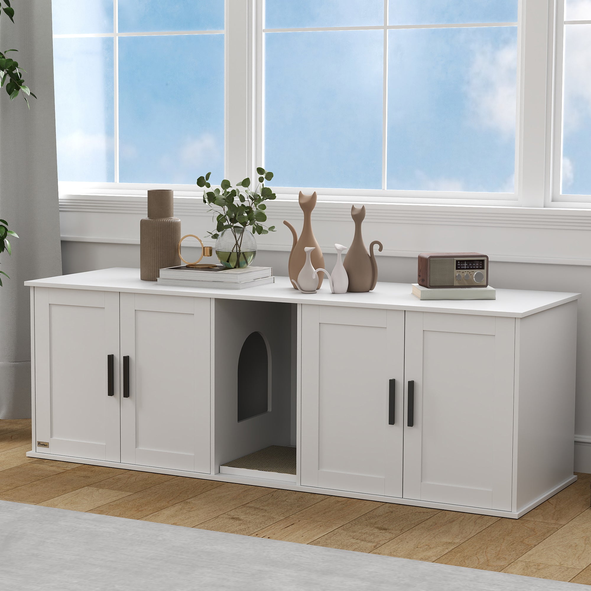 Cat Litter Box Enclosure for 2 Cats, 145 cm Hidden Litter Box Furniture with Double Room, Scratching Board, Indoor Cat House Washroom End Table, White