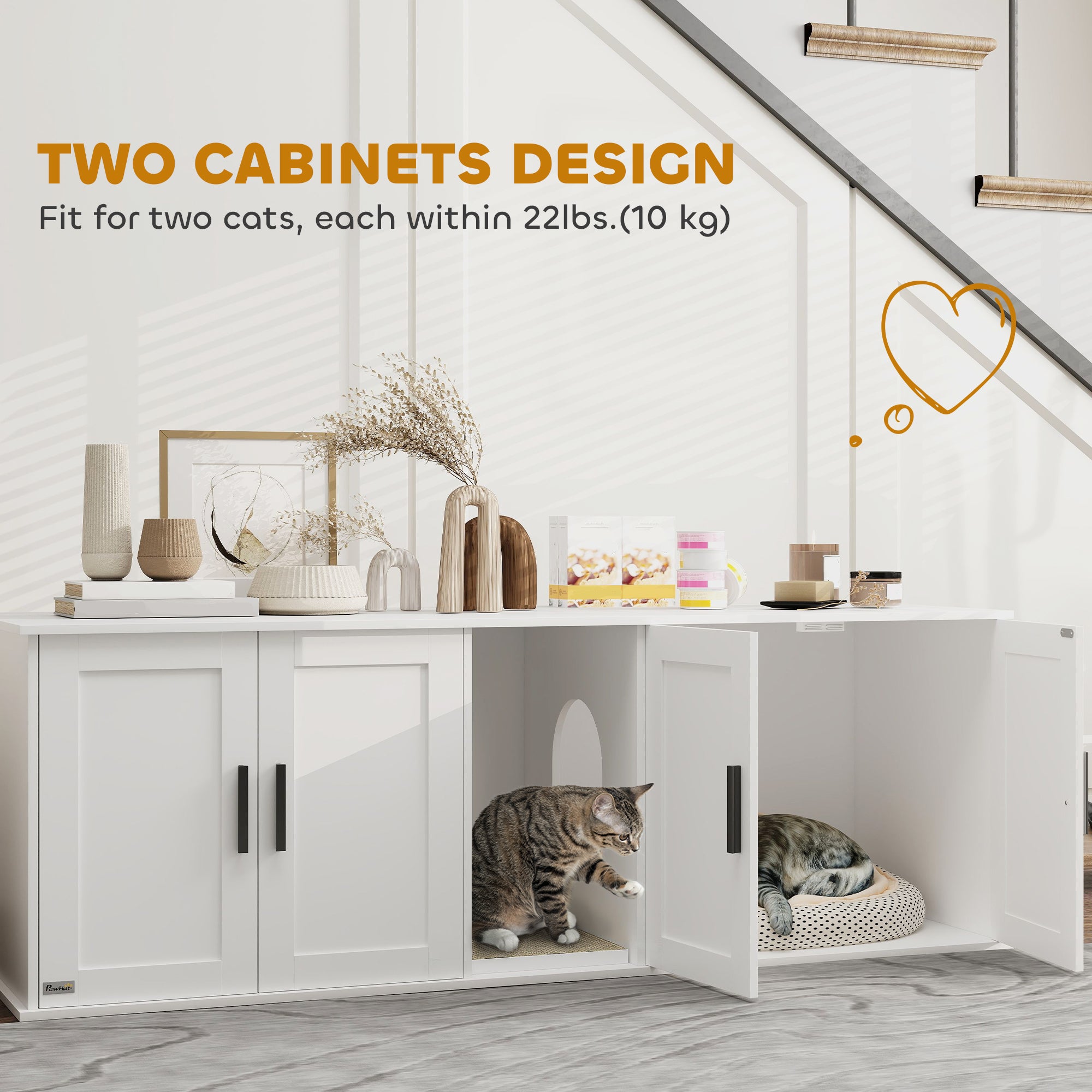 Cat Litter Box Enclosure for 2 Cats, 145 cm Hidden Litter Box Furniture with Double Room, Scratching Board, Indoor Cat House Washroom End Table, White