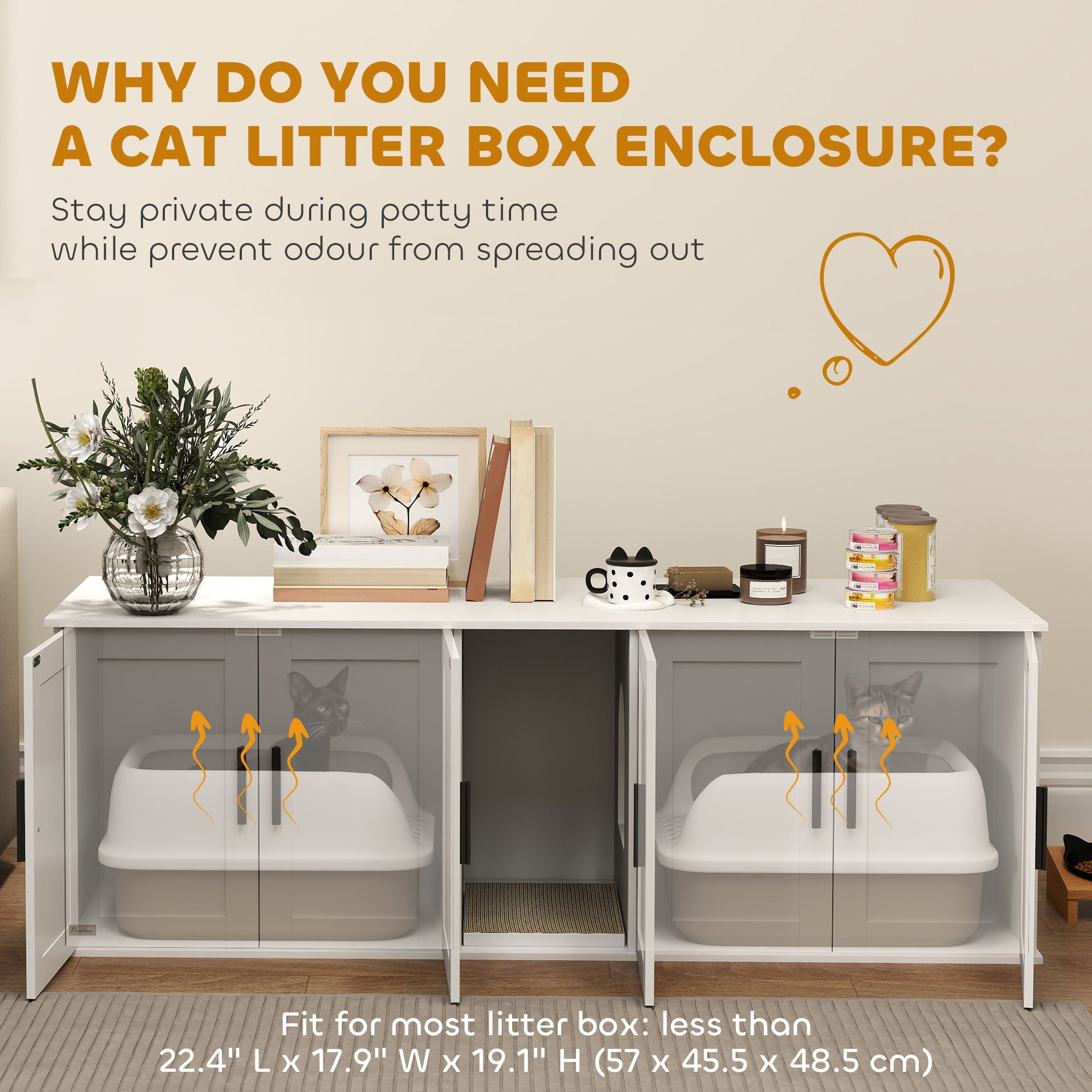 Cat Litter Box Enclosure for 2 Cats, 145 cm Hidden Litter Box Furniture with Double Room, Scratching Board, Indoor Cat House Washroom End Table, White