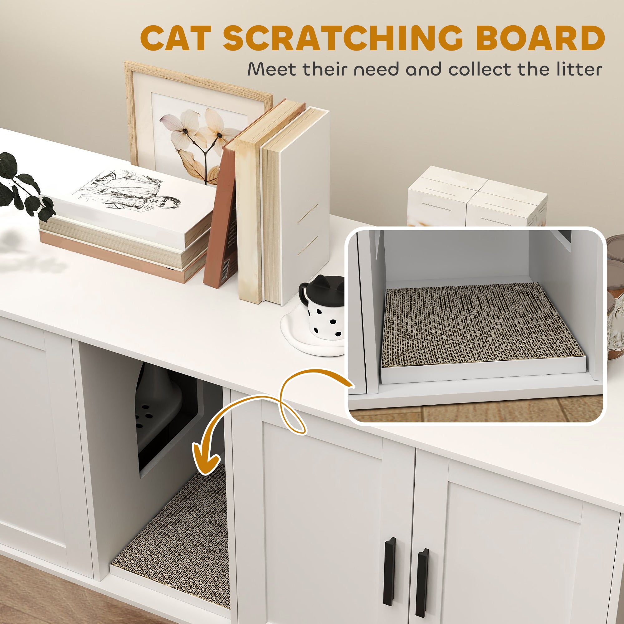 Cat Litter Box Enclosure for 2 Cats, 145 cm Hidden Litter Box Furniture with Double Room, Scratching Board, Indoor Cat House Washroom End Table, White