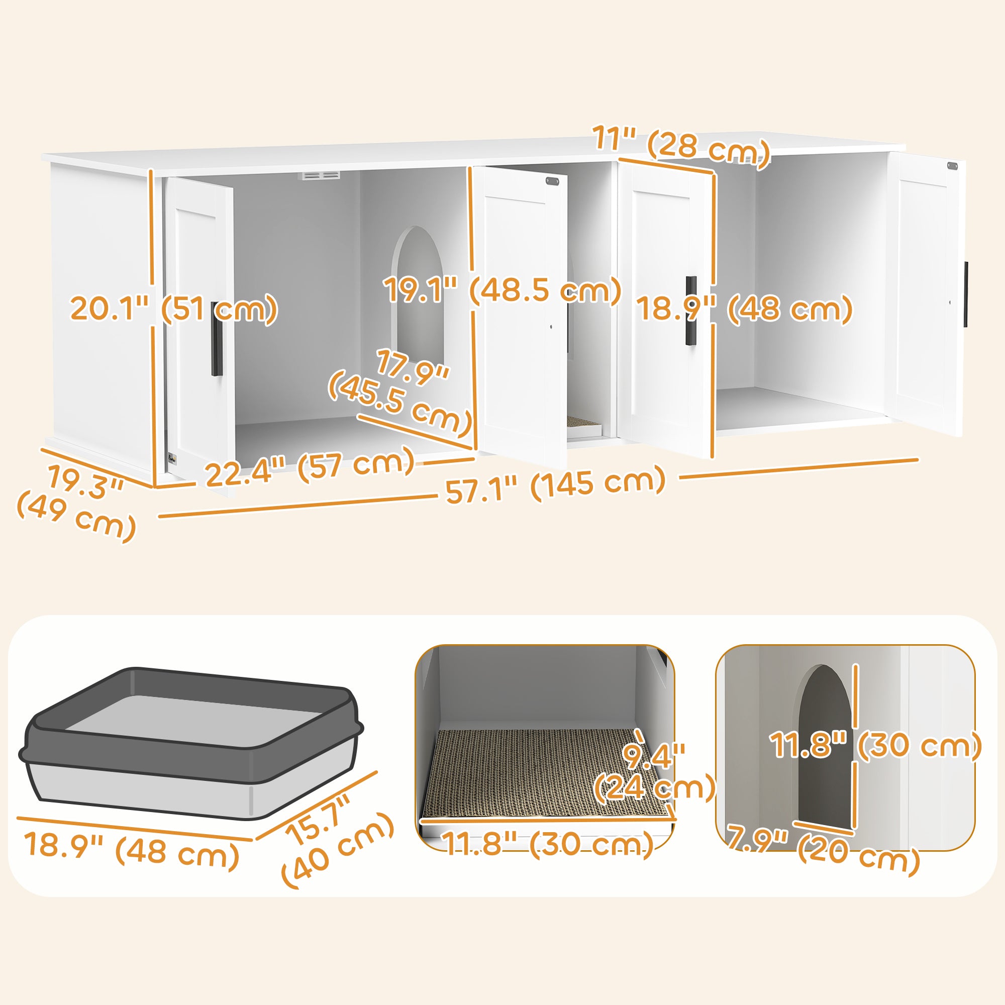 Cat Litter Box Enclosure for 2 Cats, 145 cm Hidden Litter Box Furniture with Double Room, Scratching Board, Indoor Cat House Washroom End Table, White
