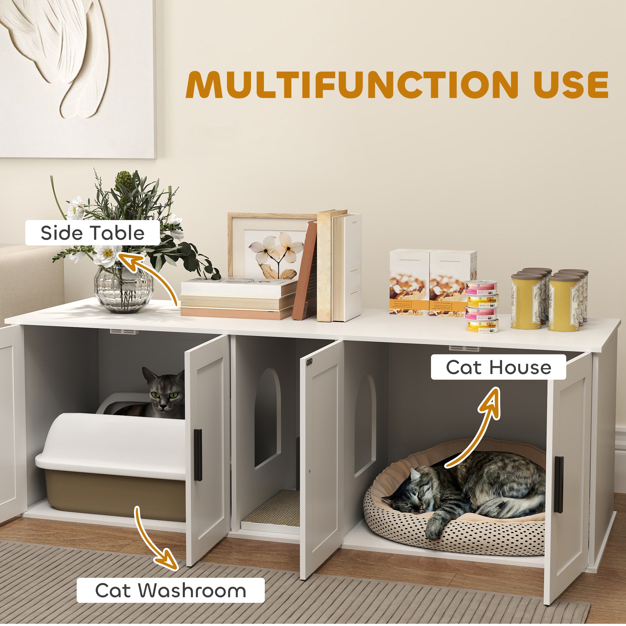 Cat Litter Box Enclosure for 2 Cats, 145 cm Hidden Litter Box Furniture with Double Room, Scratching Board, Indoor Cat House Washroom End Table, White