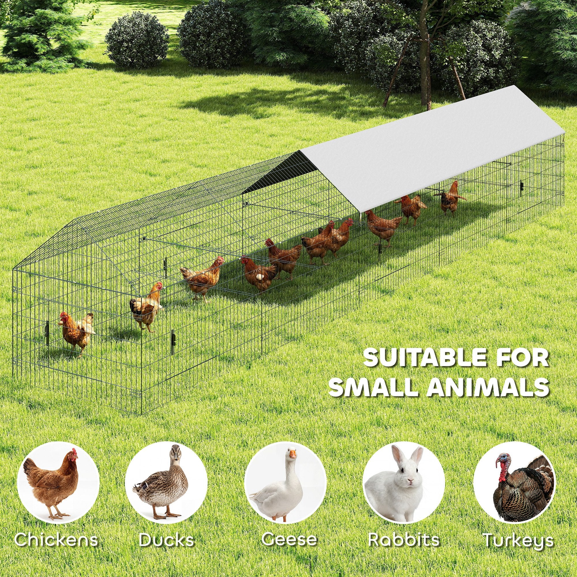 Metal Chicken Coop, Large Chicken Run with Water-Resistant & Anti-UV Cover for 7-9 Hens, Outdoor Hen House Rabbit Hutch with 10 Doors for Duck, Small Animal, for Backyard, 21' x 3.5' x 3.6'
