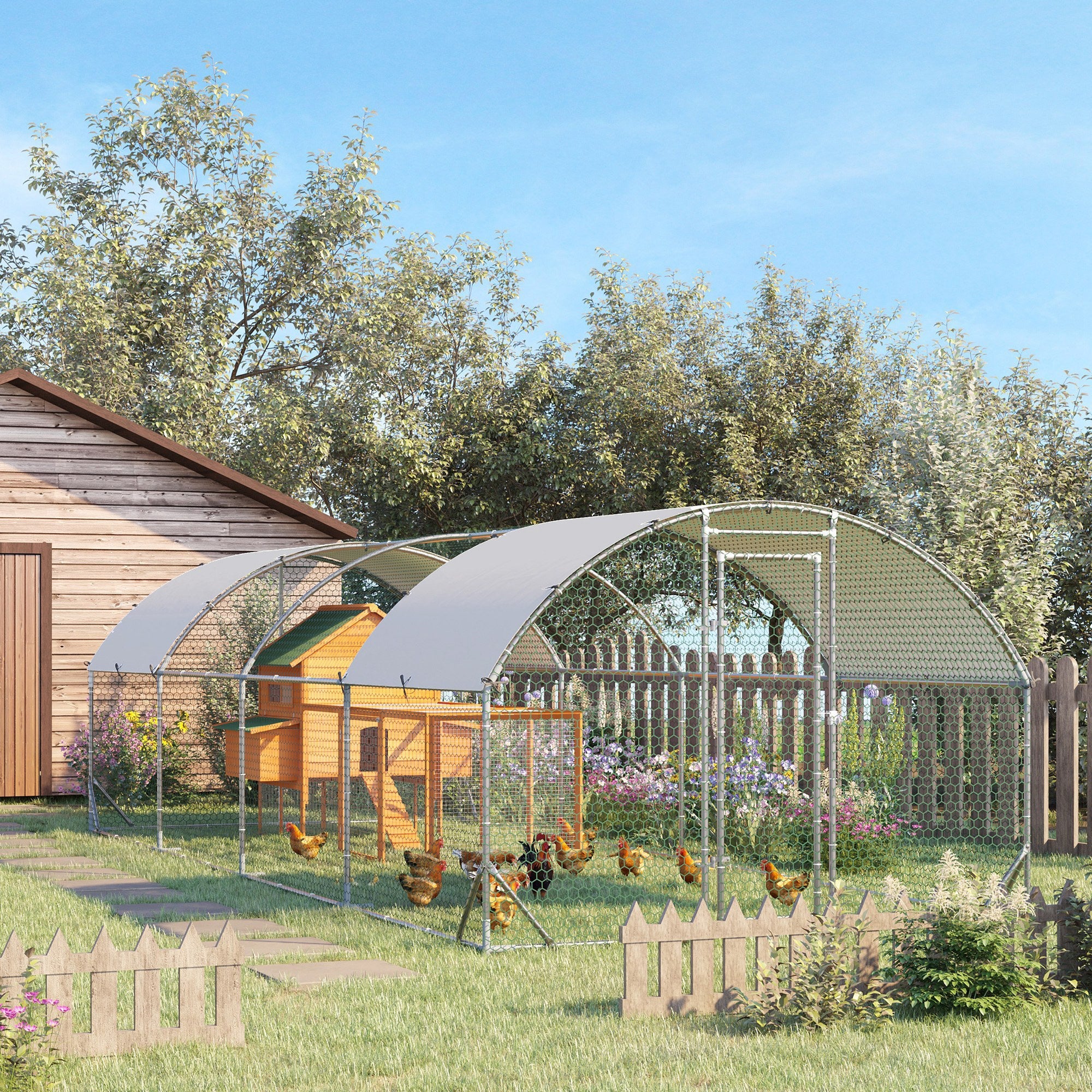 Galvanized Large Metal Chicken Coop Cage Walk-in Enclosure Poultry Hen Run House Playpen Rabbit Hutch with Cover for Outdoor Backyard 9.2' x 24.9' x 6.5' Silver