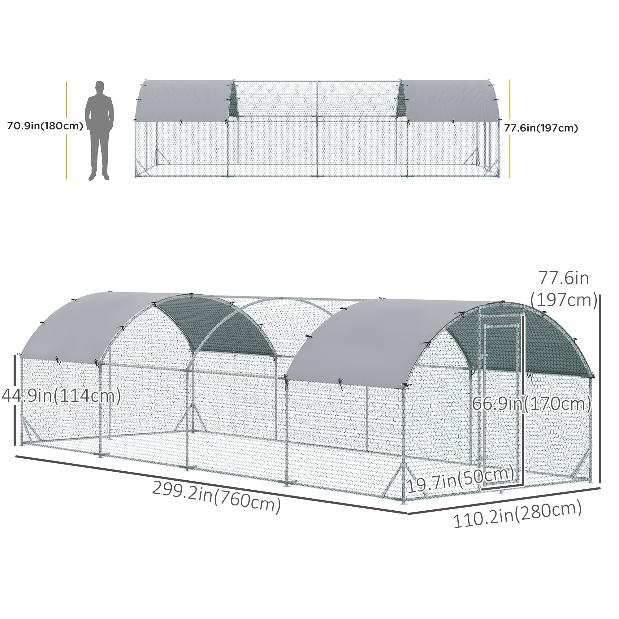 Galvanized Large Metal Chicken Coop Cage Walk-in Enclosure Poultry Hen Run House Playpen Rabbit Hutch with Cover for Outdoor Backyard 9.2' x 24.9' x 6.5' Silver