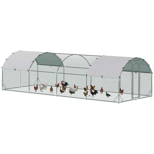 Galvanized Large Metal Chicken Coop Cage Walk-in Enclosure Poultry Hen Run House Playpen Rabbit Hutch with Cover for Outdoor Backyard 9.2' x 24.9' x 6.5' Silver