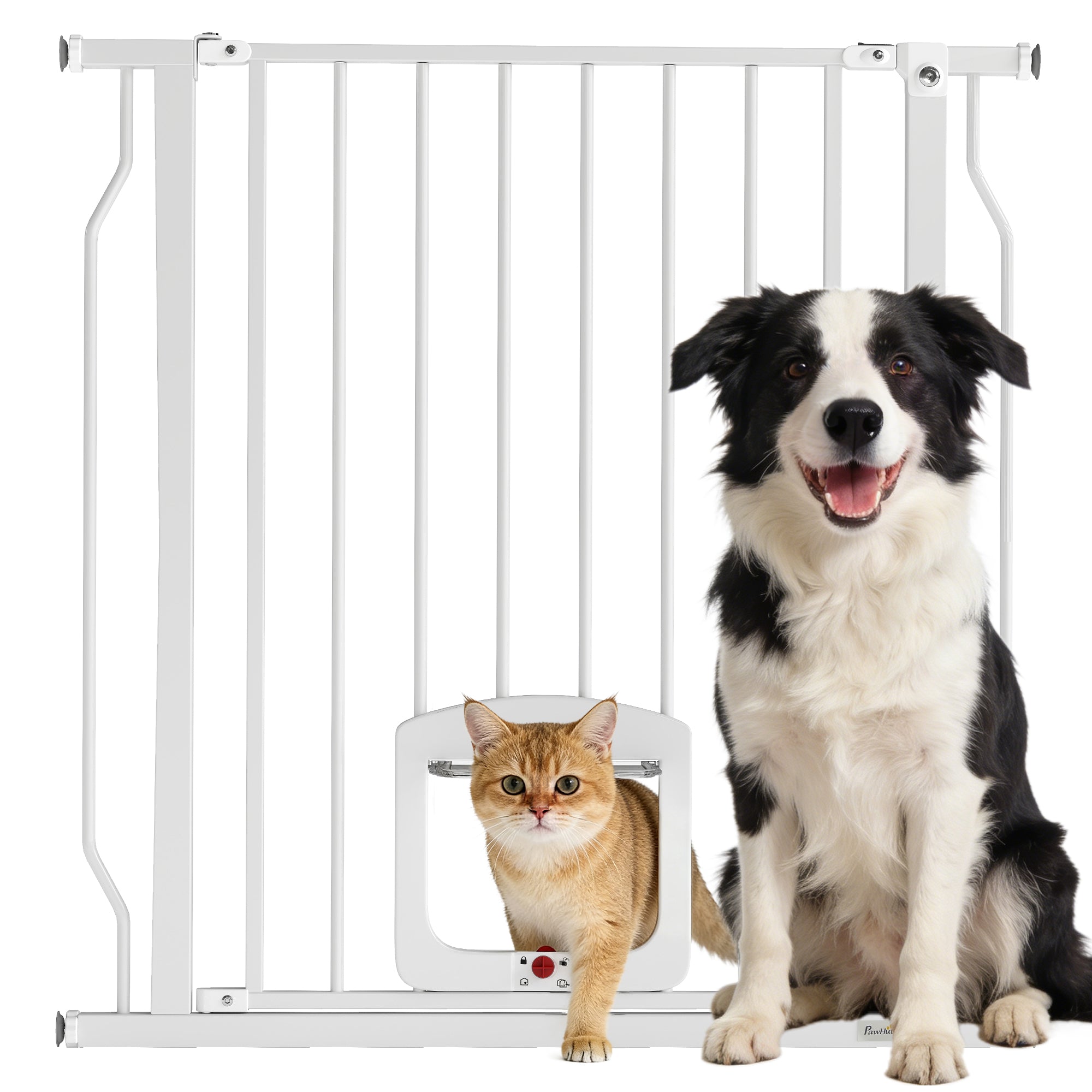 29.5-33.5" Adjustable Dog Gate with Cat Door, Easy-Install Pressure/Hardware Mounted Pet Gate for Doorways and Hallways, White