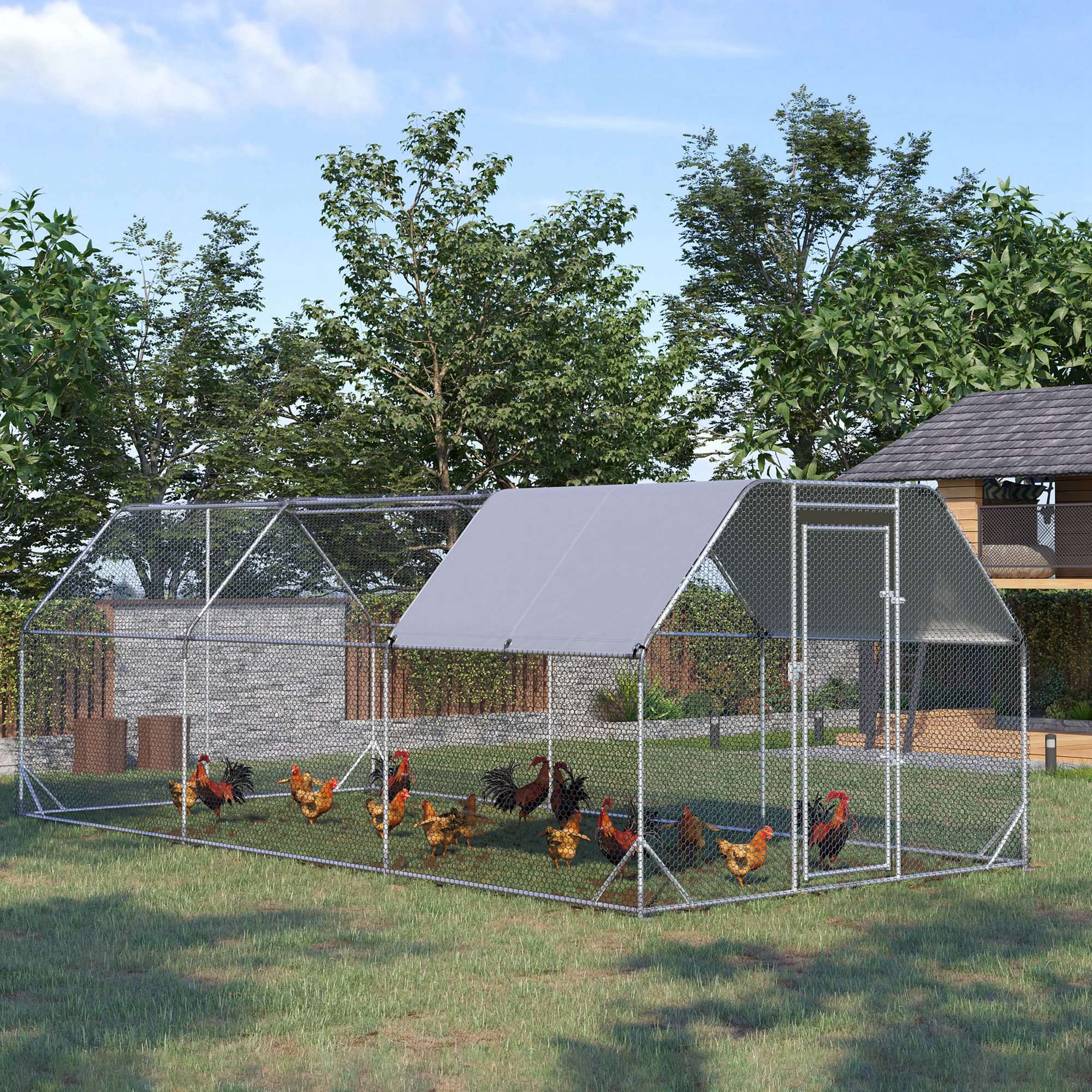 Large Chicken Coop Metal Chicken Run with Waterproof and Anti-UV Cover, Flat Shaped Walk in Fence Cage Hen House for Outdoor and Yard Farm Use, 1" Tube Diameter, 9.2' x 18.7' x 6.4'