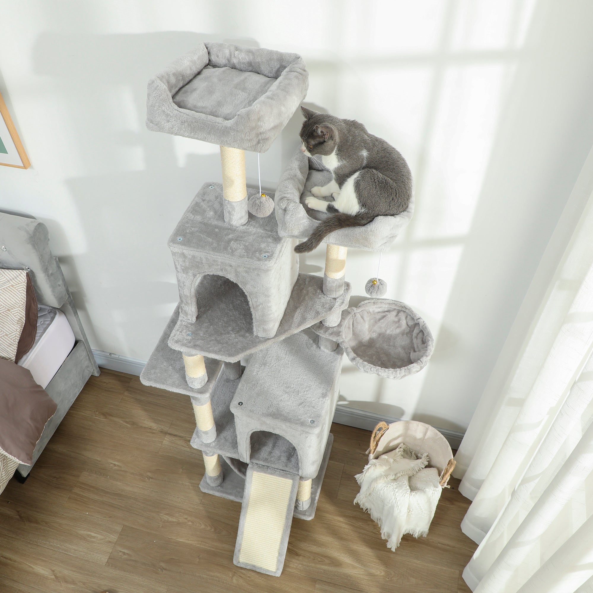 Cat Tree, 70" Multi-Level Cat Tower for Indoor with 2 Condos, 2 Plush Top Perches, Hammock, Platforms, Toy Balls, Sisal Scratching Posts and Board, Light Grey