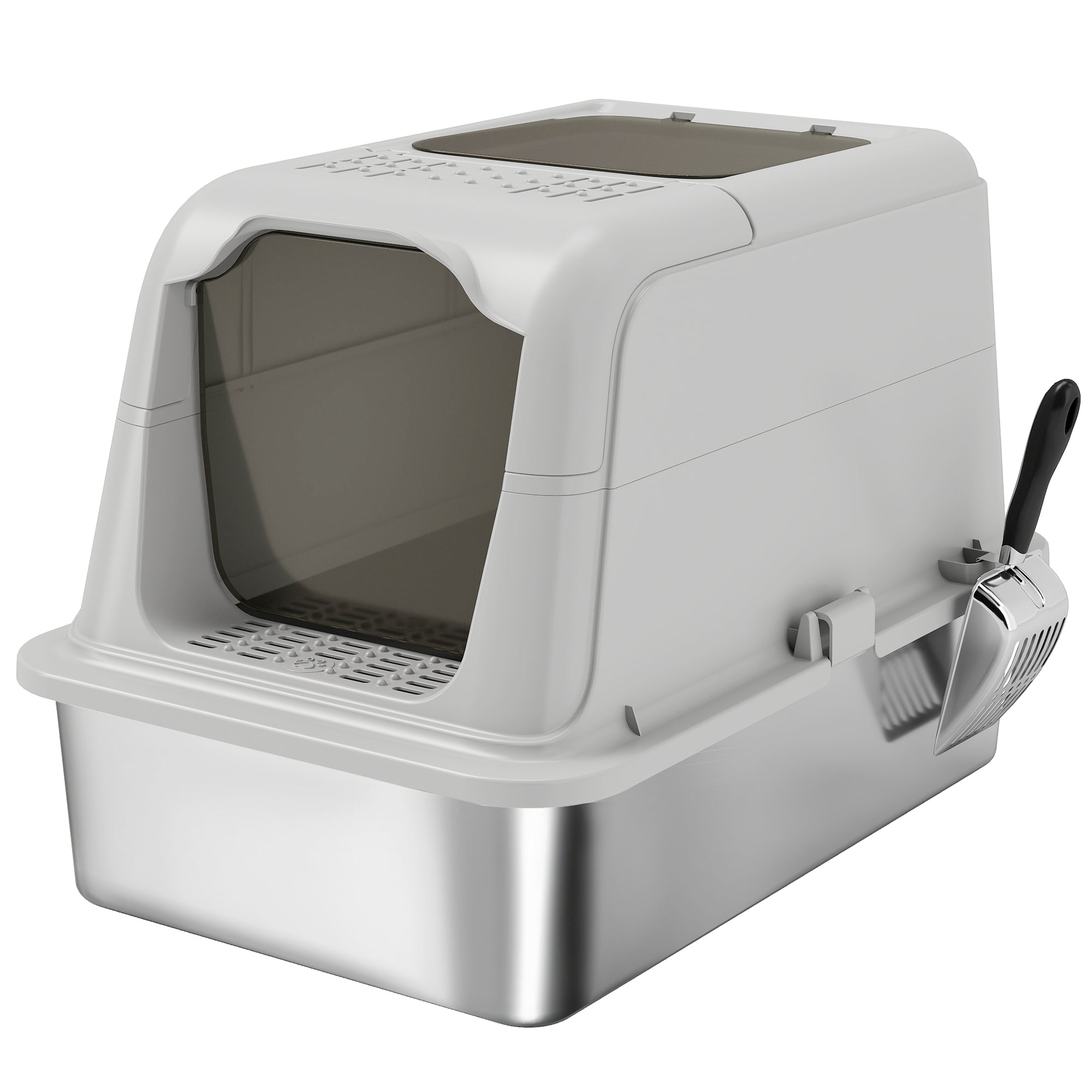 Stainless Steel Litter Box with Lid, Extra Large Hooded Cat Litter Tray for Big Cats with Front-Entry and Top-Exit, Metal Scoop, Deodorizer Bag, Non-Sticky, Odour Control and Easy Clean