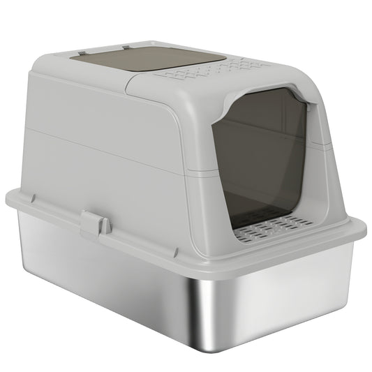 Stainless Steel Litter Box with Lid, Extra Large Hooded Cat Litter Tray for Big Cats with Front-Entry and Top-Exit, Metal Scoop, Deodorizer Bag, Non-Sticky, Odour Control and Easy Clean