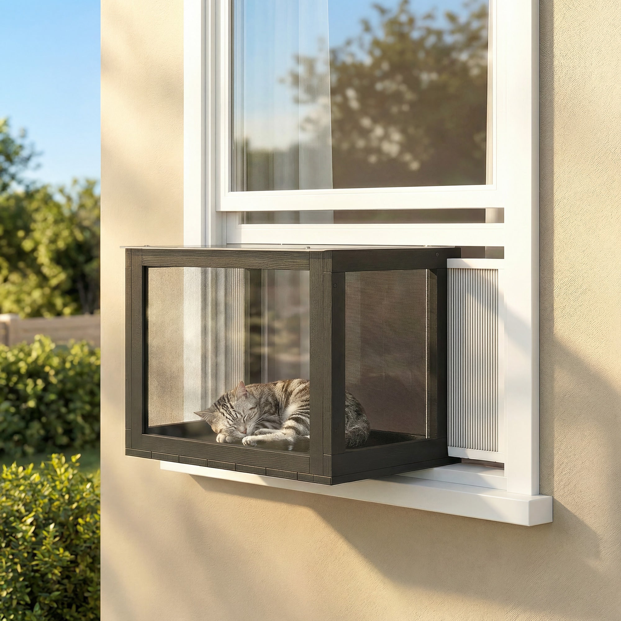 Cat Window Box Catio, Outdoor Indoor Cat Enclosure with Clear Panels, Universal Window Perch for Wall 25"–41", Catio for Indoor Pet Sunbathing, Napping & Overlooking