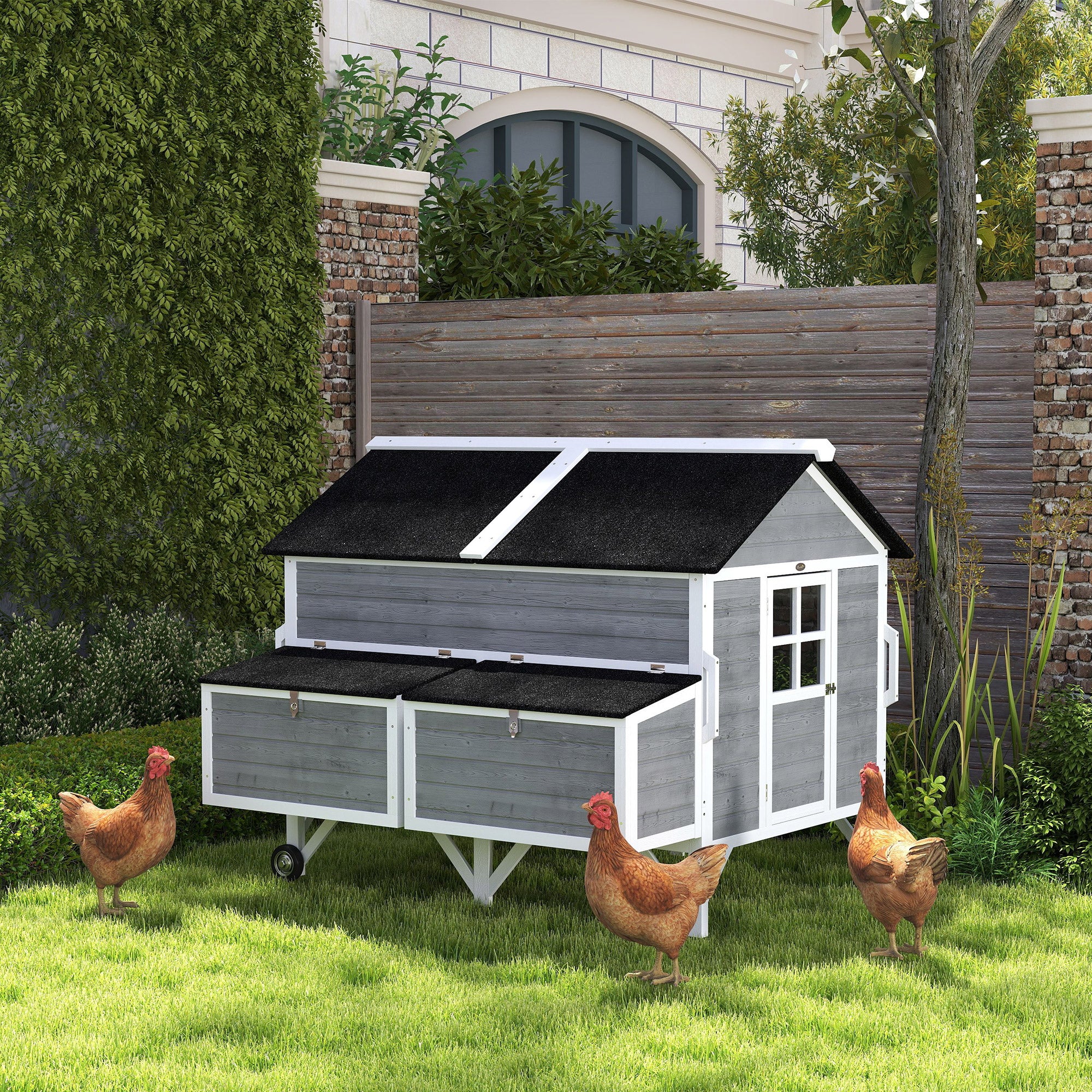 59" Wooden Chicken Coop with Wheels and Handles, Mobile Chicken House with 2 Nesting Boxes, 2 Trays, 4 Perches, Chicken Tractor for 4-6 Chickens, Small Animals, Rabbit Hutch for Backyard, Gray