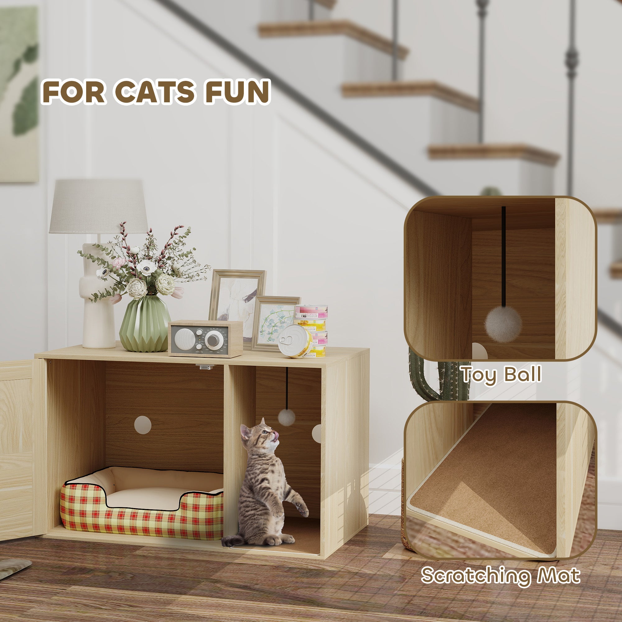 PawHut Cat Litter Box Enclosure with Rattan Door, Hidden Litter Box Furniture Hidden with Scratching Mat, Non-slip Foot Pads, Boho Style Cat Washroom House End Side Table, 31.5" x 20" x 20", Oak