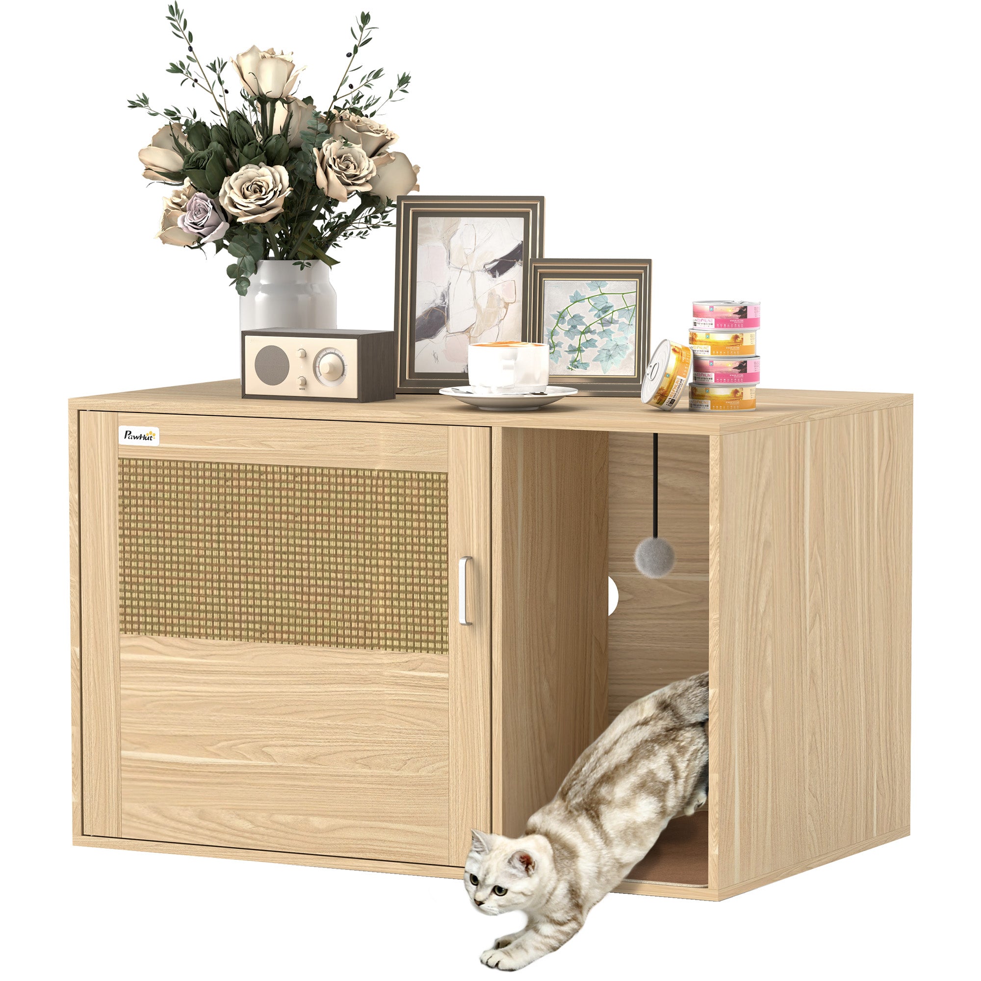 PawHut Cat Litter Box Enclosure with Rattan Door, Hidden Litter Box Furniture Hidden with Scratching Mat, Non-slip Foot Pads, Boho Style Cat Washroom House End Side Table, 31.5" x 20" x 20", Oak