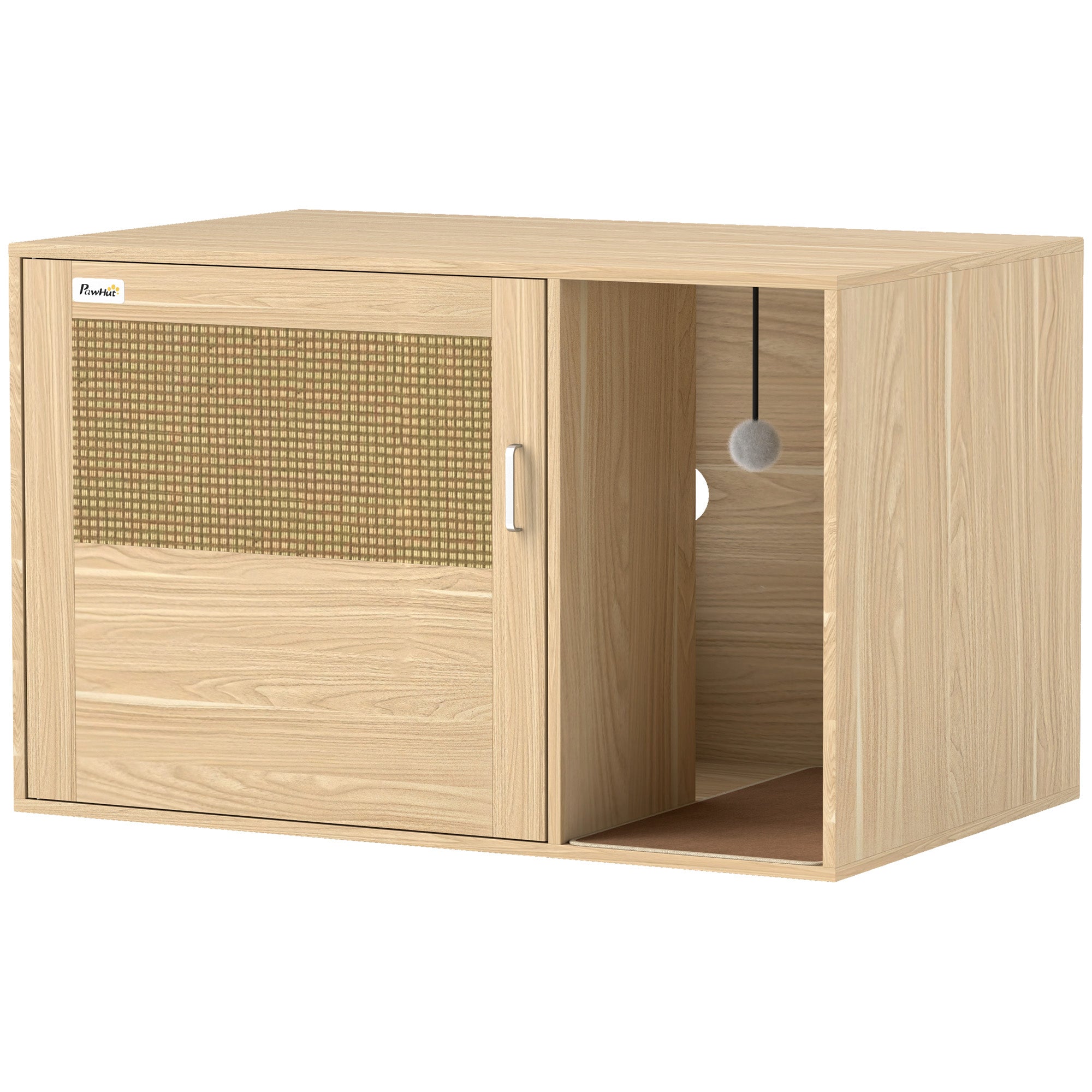 PawHut Cat Litter Box Enclosure with Rattan Door, Hidden Litter Box Furniture Hidden with Scratching Mat, Non-slip Foot Pads, Boho Style Cat Washroom House End Side Table, 31.5" x 20" x 20", Oak