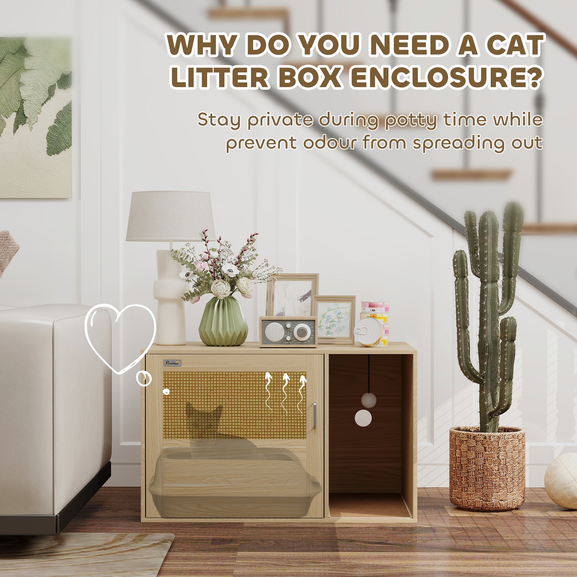PawHut Cat Litter Box Enclosure with Rattan Door, Hidden Litter Box Furniture Hidden with Scratching Mat, Non-slip Foot Pads, Boho Style Cat Washroom House End Side Table, 31.5" x 20" x 20", Oak