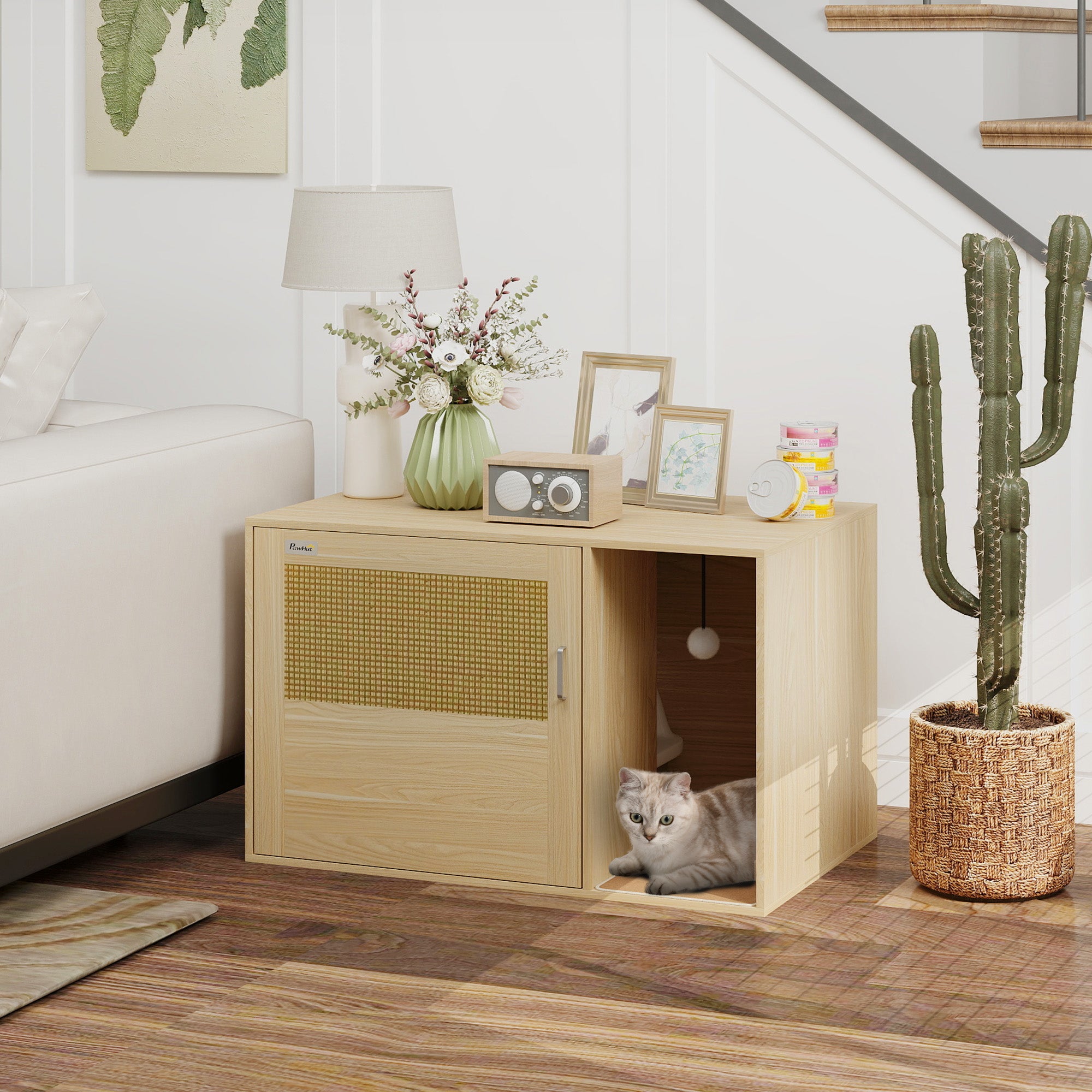 Pawhut Hidden Cat Litter Box Enclosure with Rattan Door