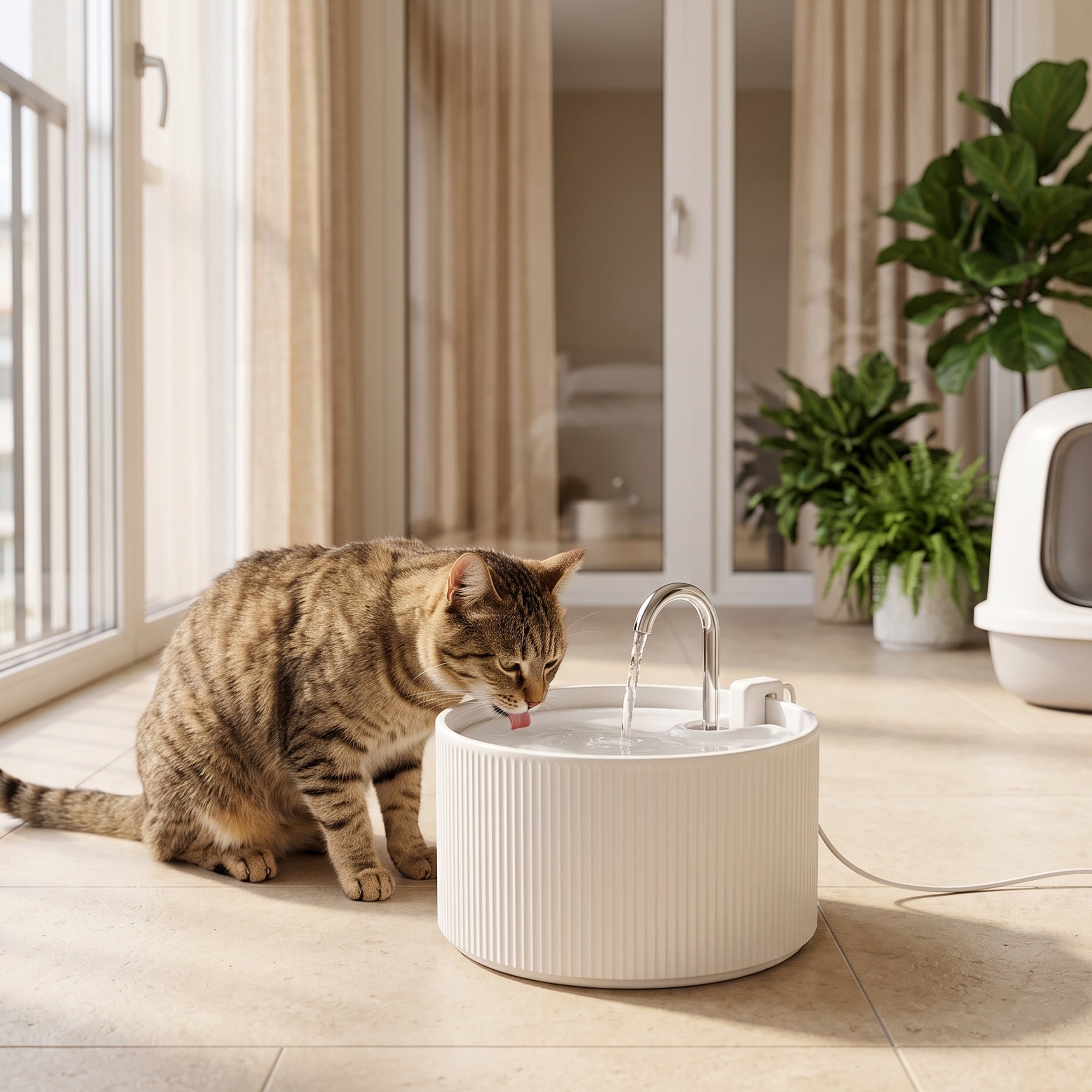 Ceramic Cat Water Fountain, 2.2L/74oz Pet Water Fountain with Ultra-Quiet Pump, 4-Layer Filtration, Faucet, for Cats and Dogs, Easy to Clean, White