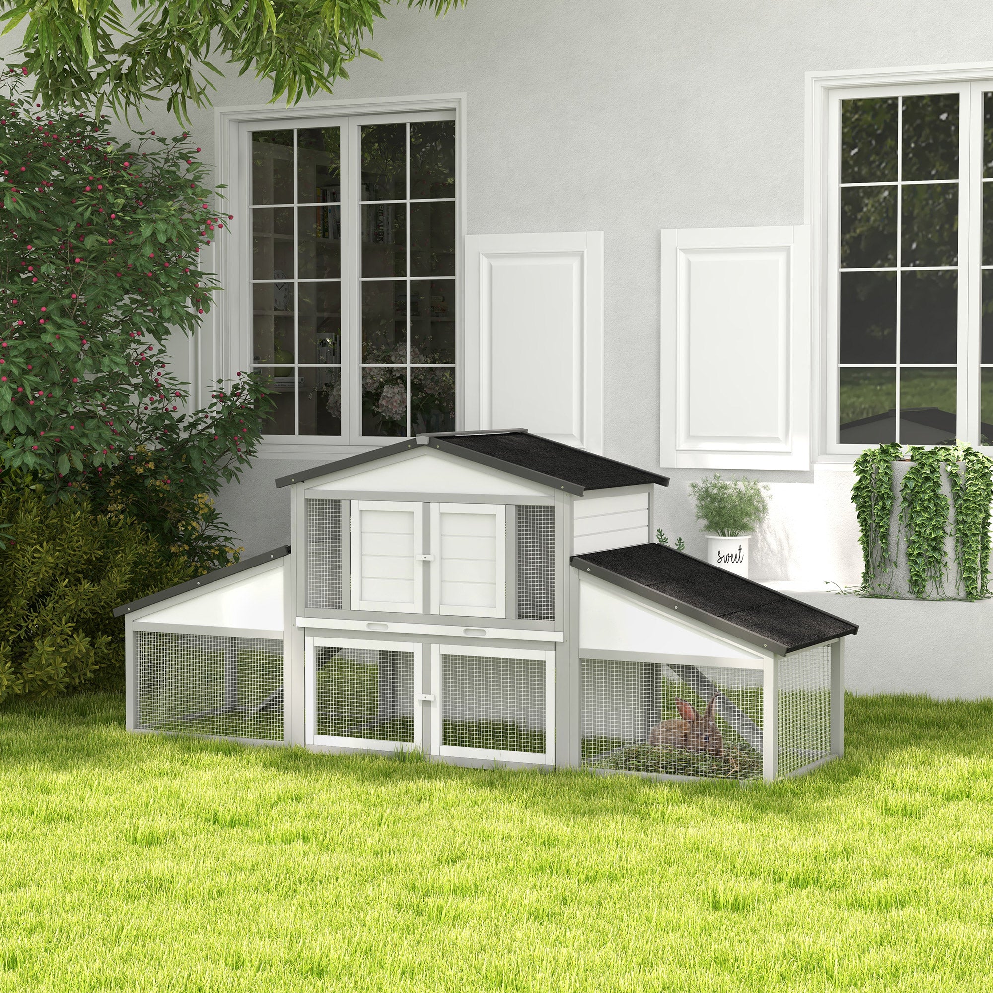 Large Rabbit Hutch with Run, Outdoor Bunny Cage with Tray, Ramp, Wooden Guinea Pig House, Light Grey
