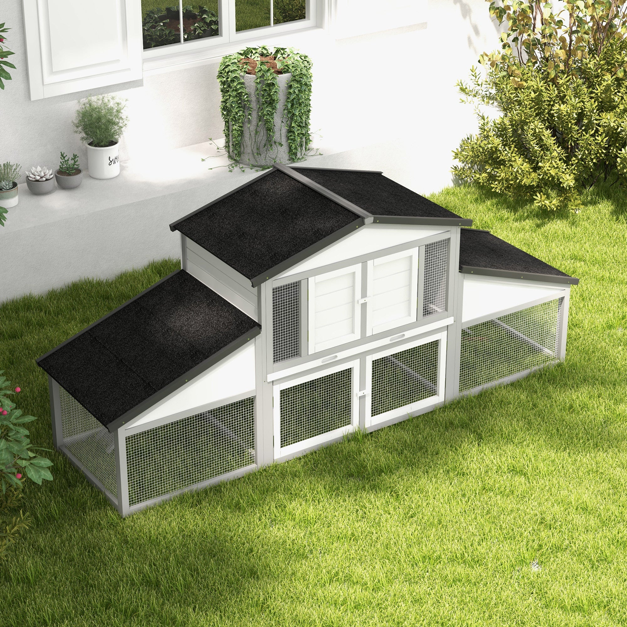 Large Rabbit Hutch with Run, Outdoor Bunny Cage with Tray, Ramp, Wooden Guinea Pig House, Light Grey