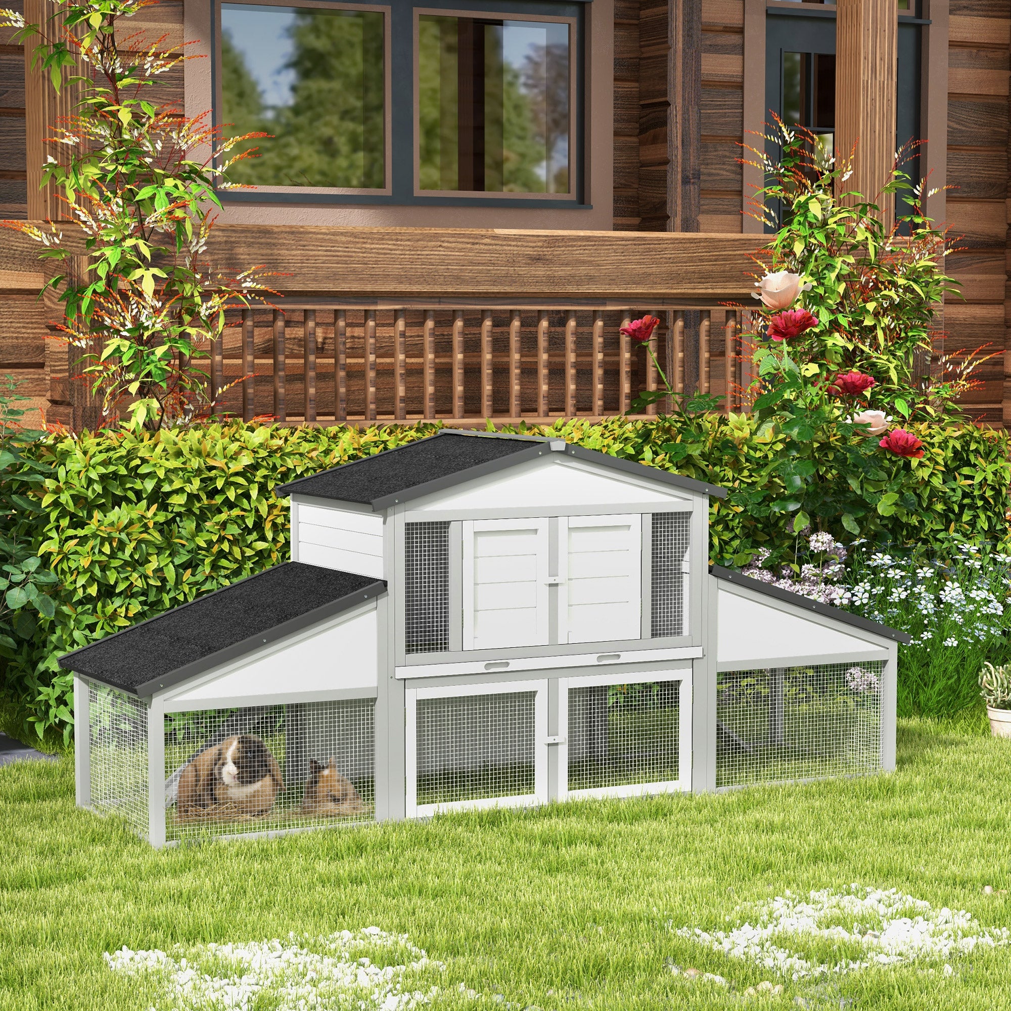 Large Rabbit Hutch with Run, Outdoor Bunny Cage with Tray, Ramp, Wooden Guinea Pig House, Light Grey