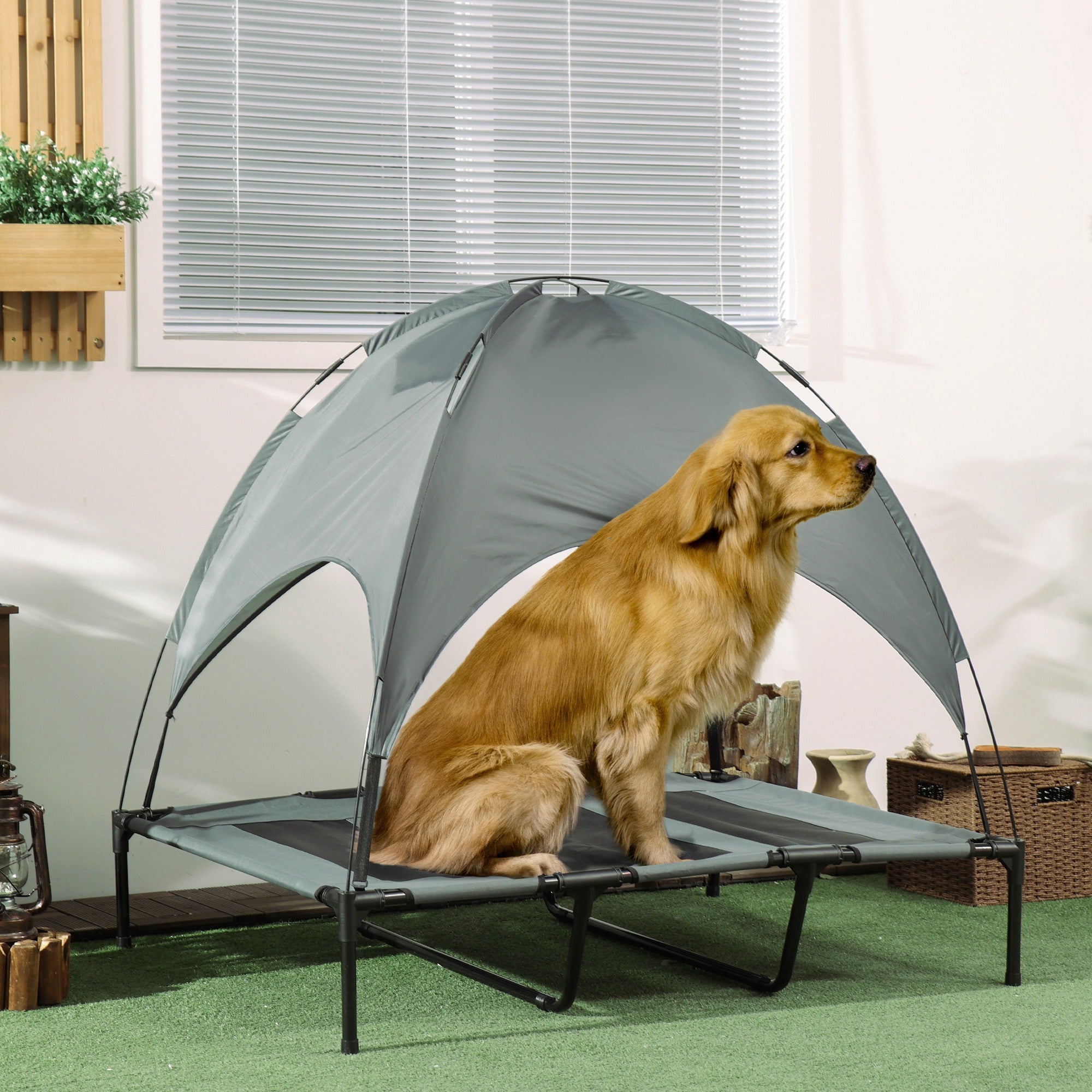 Raised Dog Bed Waterproof Elevated Pet Cot with Breathable Mesh UV Protection Canopy Grey, for XL Dogs, 122 x 92 x 108cm