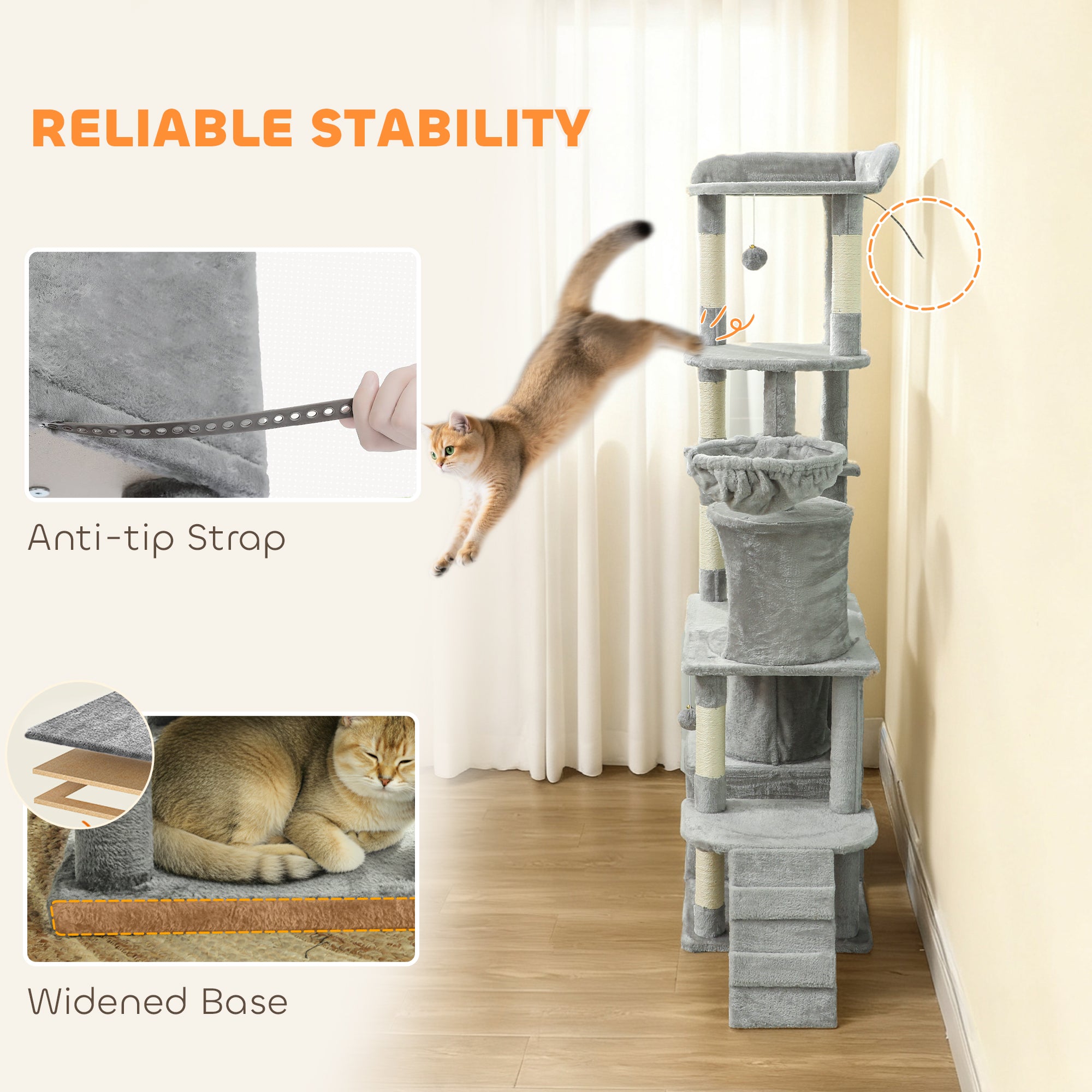 Cat Tree, 67" Large Cat Tower for Indoor Kittens Multi-Level with 7 Scratching Posts, Tunnel, 2 Plush Condos, Hammock, Perch, Ramp, Pompoms, Light Grey