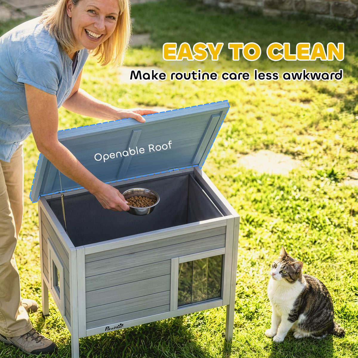 Outdoor Cat House Weatherproof with Removable Insulated Liner, Raised Wooden Cat House, Insulated Cat Shelter, Outdoor Use, Waterproof Asphalt Roof, Escape Door, Opening Top