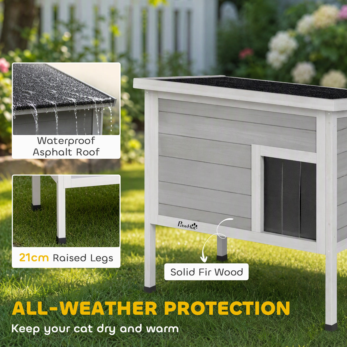 Outdoor Cat House Weatherproof with Removable Insulated Liner, Raised Wooden Cat House, Insulated Cat Shelter, Outdoor Use, Waterproof Asphalt Roof, Escape Door, Opening Top