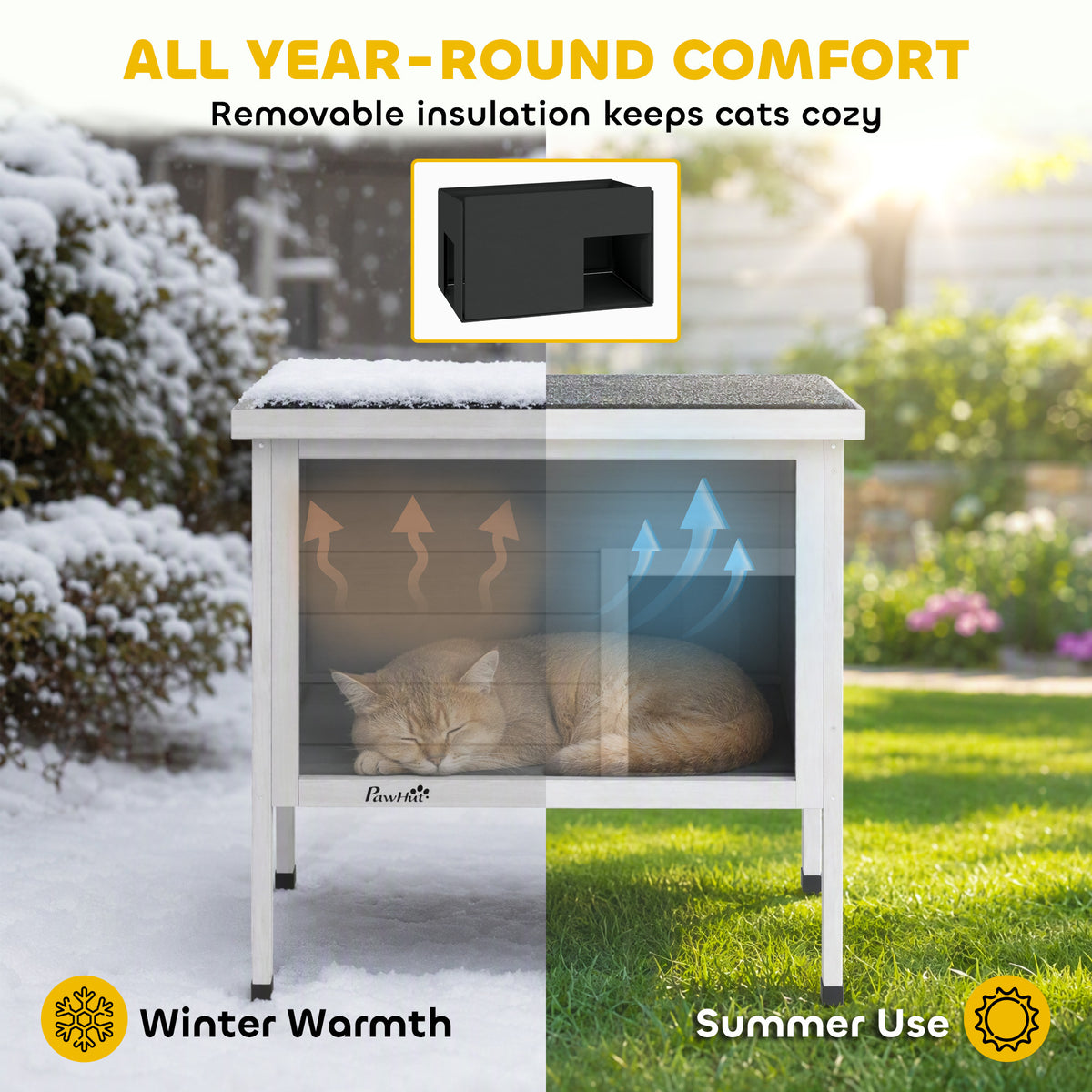Outdoor Cat House Weatherproof with Removable Insulated Liner, Raised Wooden Cat House, Insulated Cat Shelter, Outdoor Use, Waterproof Asphalt Roof, Escape Door, Opening Top