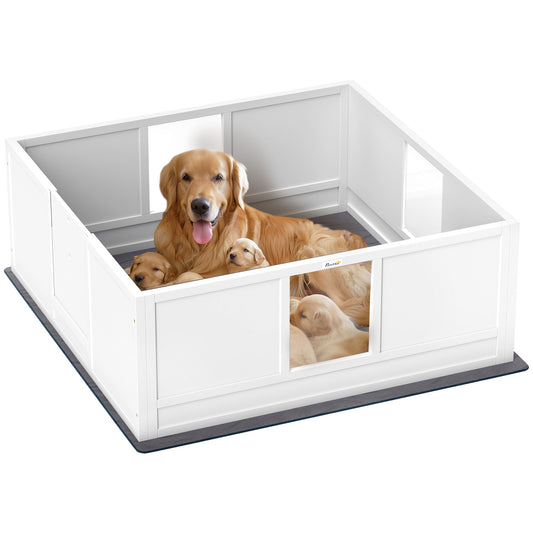 Whelping Box for Dogs, Dog Whelping Box Dog Playpen Fence Exercise Play Pen with Waterproof Washable Whelping Pad, Adjustable Entrance, Non-Slip Pads, for Large Dogs and Puppies, 124 x 120cm