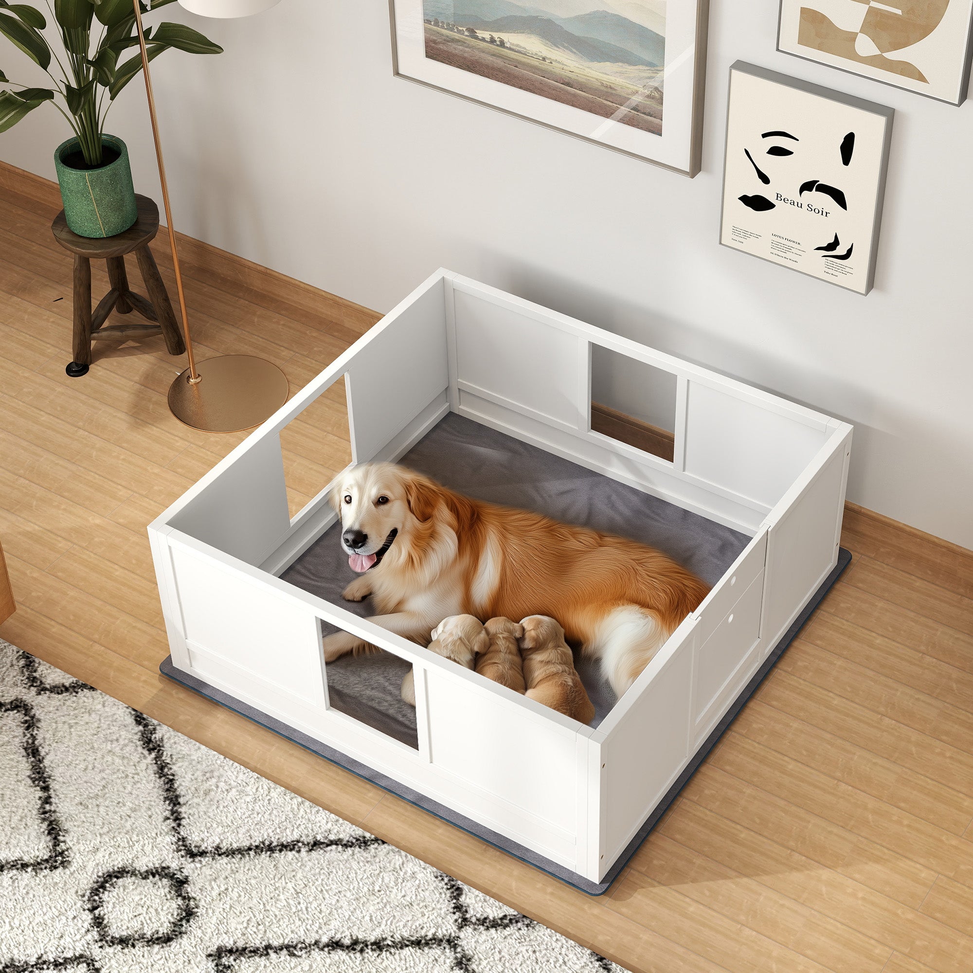 Whelping Box for Dogs, Dog Whelping Box Dog Playpen Fence Exercise Play Pen with Waterproof Washable Whelping Pad, Adjustable Entrance, Non-Slip Pads, for Large Dogs and Puppies, 124 x 120cm