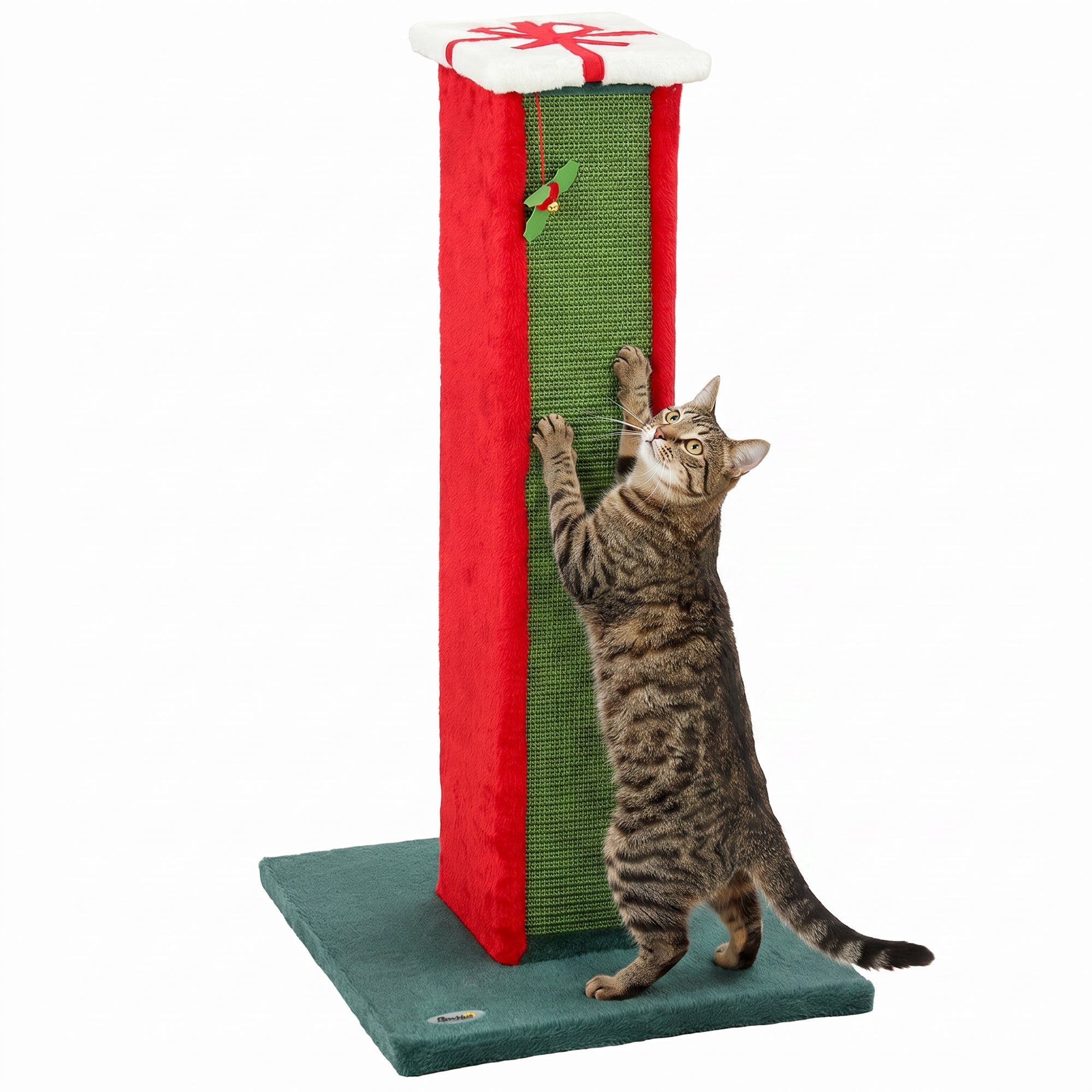 Cat Scratching Post for Indoor Cats, 81cm Tall Cat Scratcher with Sisal Rope, Hanging Bell Toy and Stable Base, Green and Red