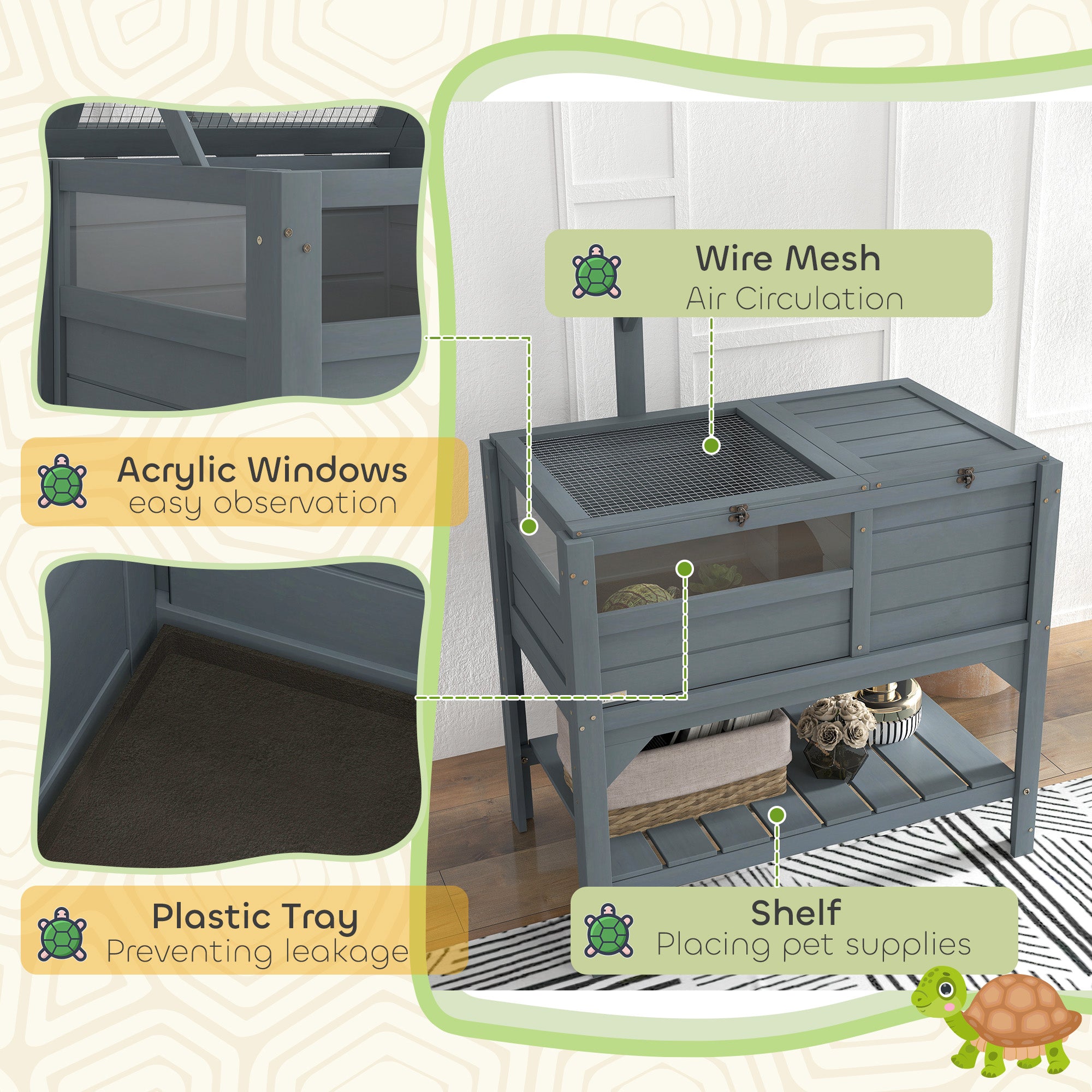 Tortoise Habitat with Shelf Storage, Tortoise Enclosure with Weather Protection, Tortoise Gift Accessory, Reptile Enclosure with Tray, Light Support Frame,  Gray