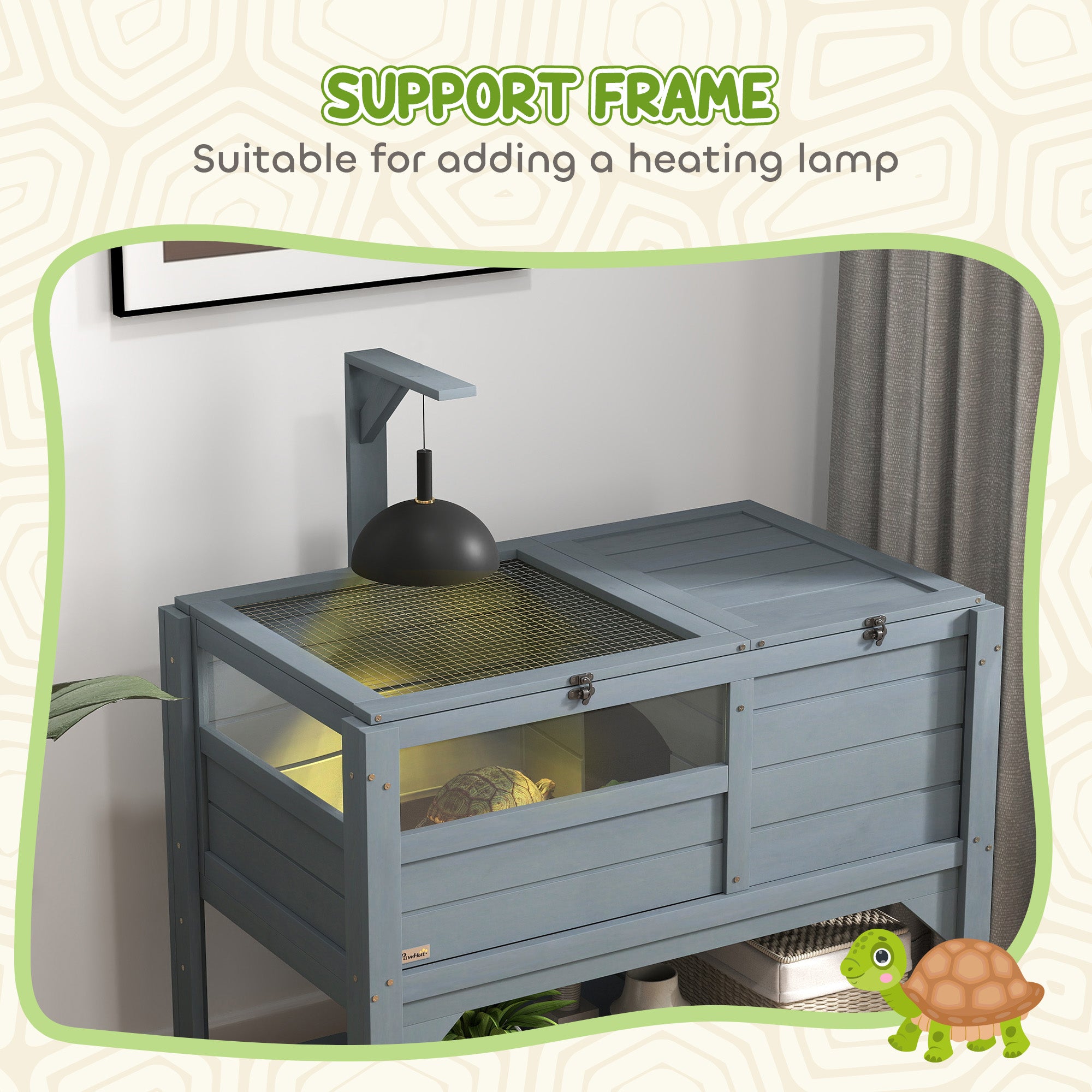 Tortoise Habitat with Shelf Storage, Tortoise Enclosure with Weather Protection, Tortoise Gift Accessory, Reptile Enclosure with Tray, Light Support Frame,  Gray