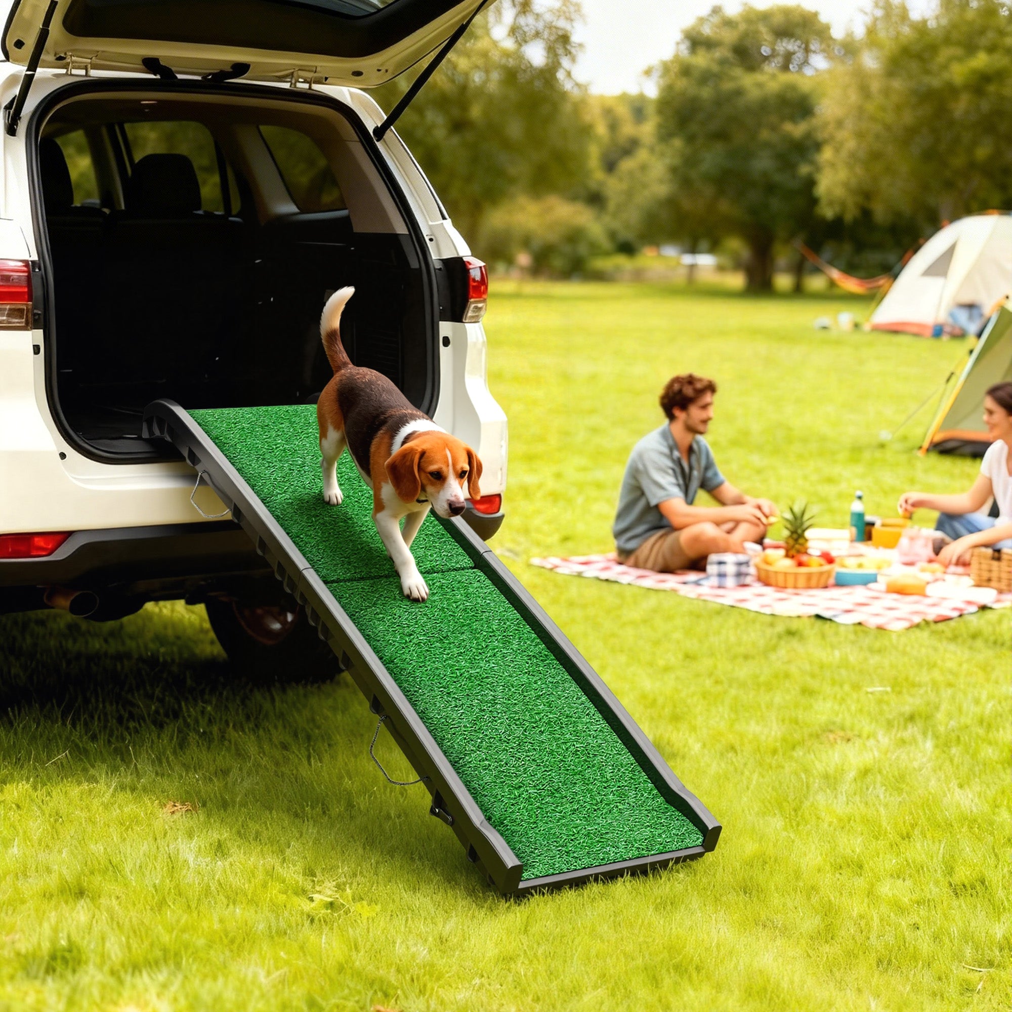 Folding Dog Ramp for Car, Truck, SUV, 61 Inches Portable Pet Ramp with Grass Surface, Non Slip with Raised Side Rails