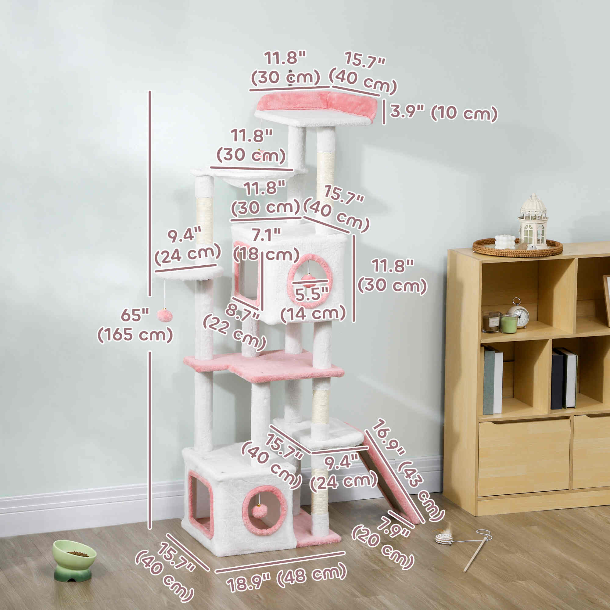 Cat Tree for Indoor Large Adult Cats, 65 Inch Kitty Tower Multi-Level with 2 Doors Condos, Plush Top Perch, Hammock, Sisal Scratching Posts, 4 Pompoms, Ramp, White