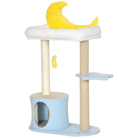 Moon Cute Cat Tree for Indoor Cats with Kitten Condo and Bed, Cat Tower with Scratching Post, Hanging Moon Shaped Toy, Star Platform, Blue