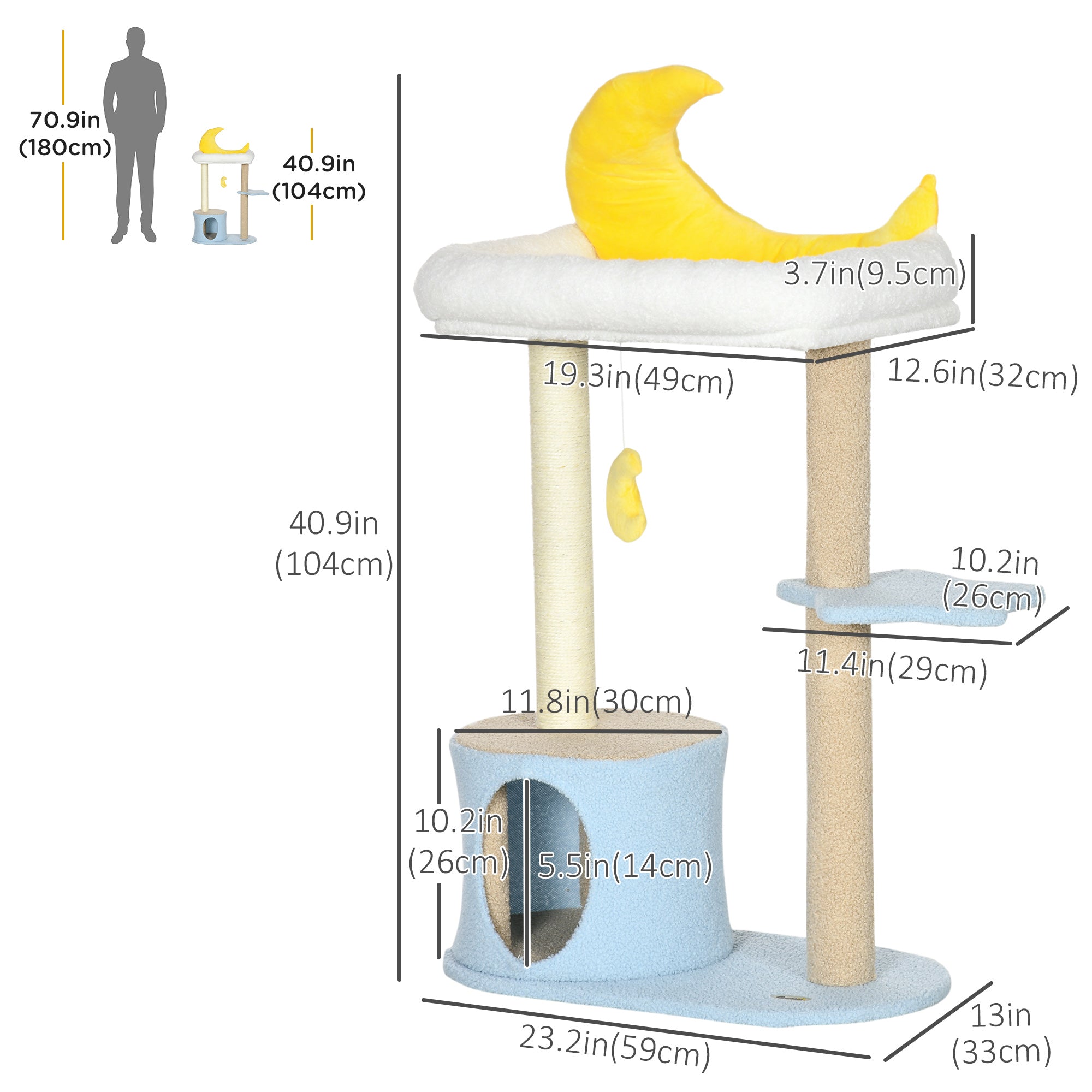 Moon Cute Cat Tree for Indoor Cats with Kitten Condo and Bed, Cat Tower with Scratching Post, Hanging Moon Shaped Toy, Star Platform, Blue