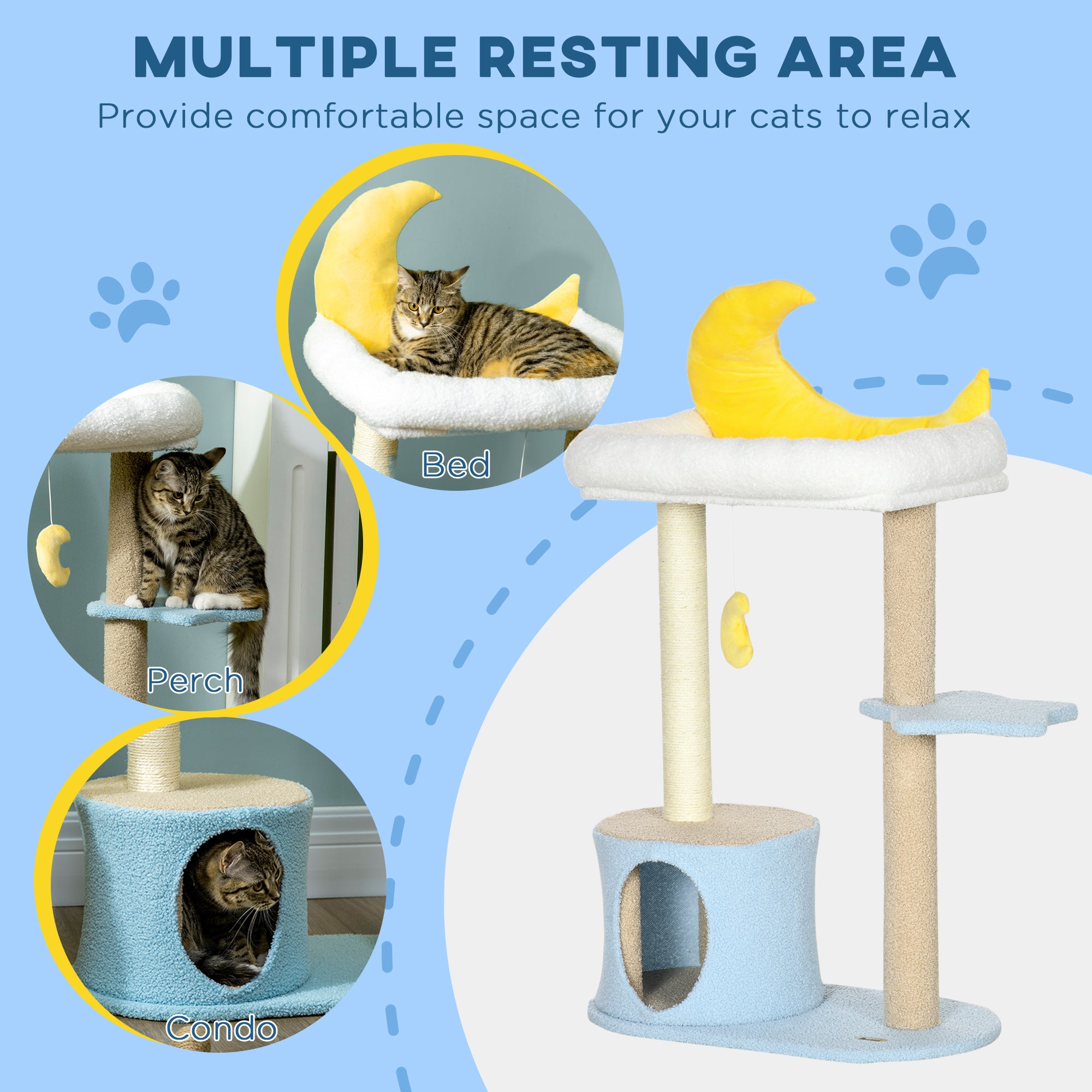 Moon Cute Cat Tree for Indoor Cats with Kitten Condo and Bed, Cat Tower with Scratching Post, Hanging Moon Shaped Toy, Star Platform, Blue
