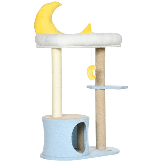 Moon Cute Cat Tree for Indoor Cats with Kitten Condo and Bed, Cat Tower with Scratching Post, Hanging Moon Shaped Toy, Star Platform, Blue