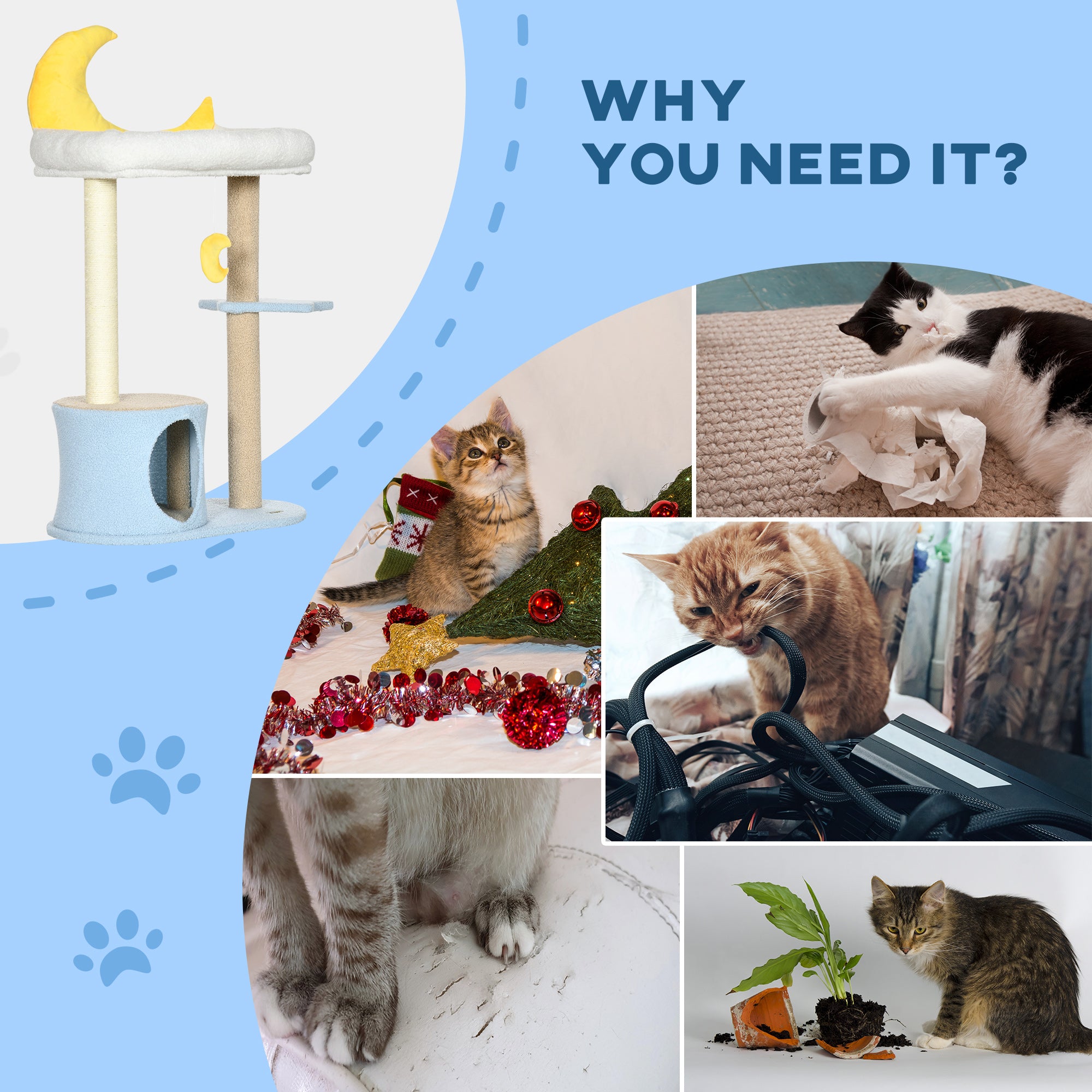 Moon Cute Cat Tree for Indoor Cats with Kitten Condo and Bed, Cat Tower with Scratching Post, Hanging Moon Shaped Toy, Star Platform, Blue