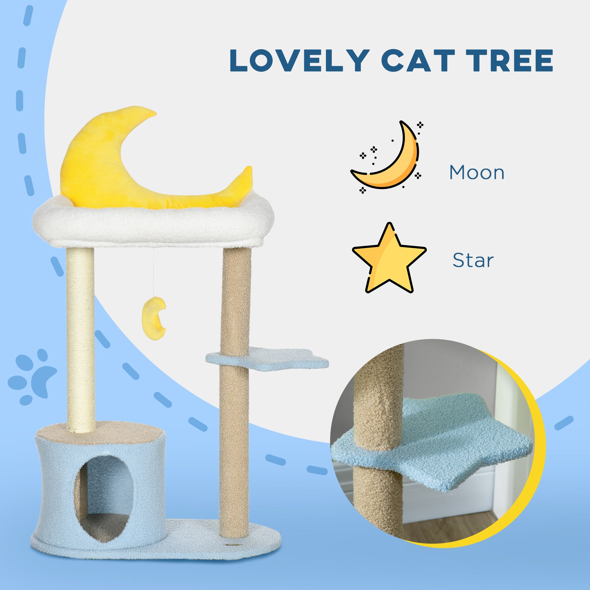 Moon Cute Cat Tree for Indoor Cats with Kitten Condo and Bed, Cat Tower with Scratching Post, Hanging Moon Shaped Toy, Star Platform, Blue