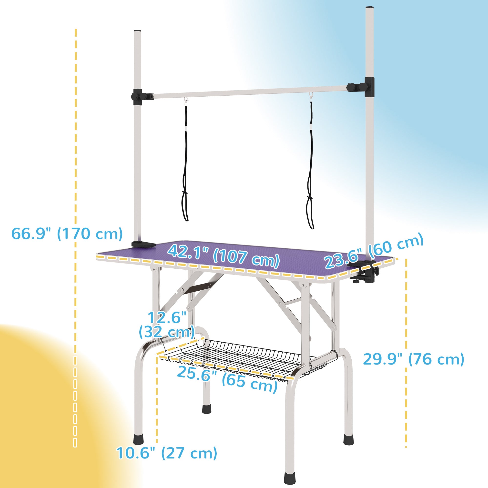 43"L Dog Grooming Table, Pet Foldable Grooming Table with 8"- 32" Adjustable Arm, Two Nooses, Mesh Tray and Rubber Top for Large Medium Small Pets, Purple