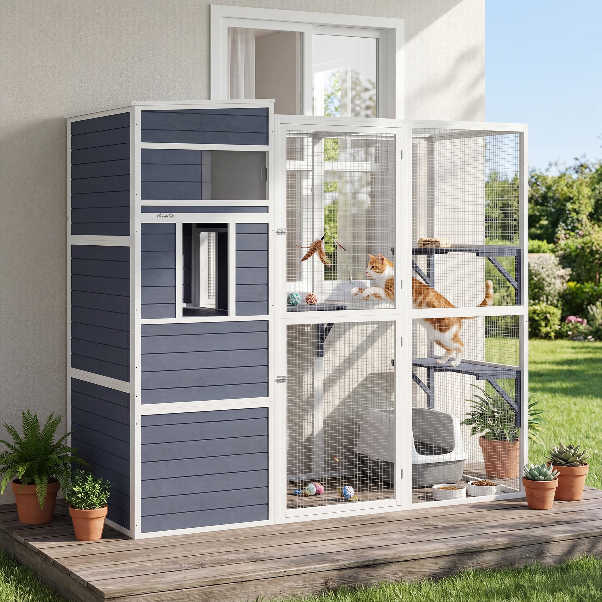Wooden Catio, 4-Tier Catio Cat Outdoor Enclosure with All-Weather Sun Roof, Spacious Resting Rooms, 3 Platforms, Window for Multiple Cats Outdoor Indoor, Grey