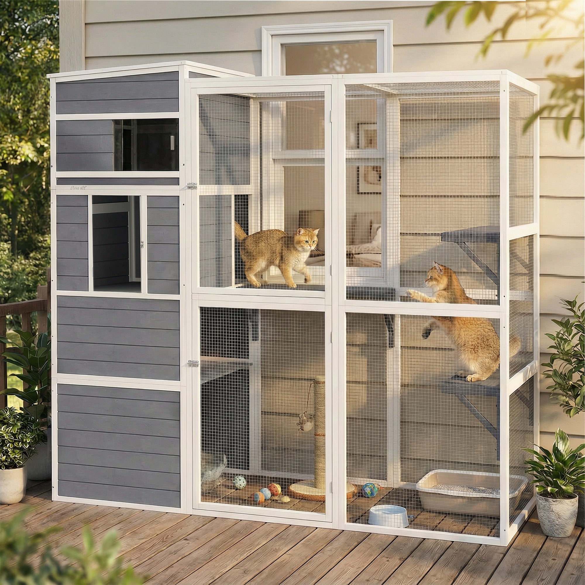 Wooden Catio, 4-Tier Catio Cat Outdoor Enclosure with All-Weather Sun Roof, Spacious Resting Rooms, 3 Platforms, Window for Multiple Cats Outdoor Indoor, Grey