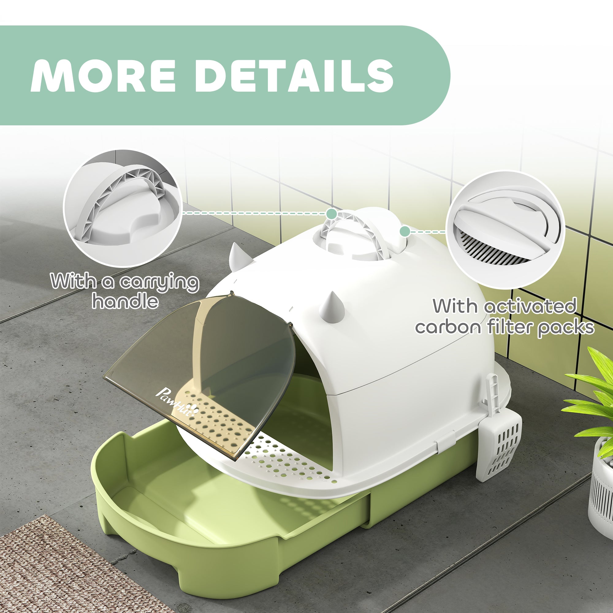 Cat Litter Tray with Lid, Enclosed Cat Litter Box with Pull-Out Drawer, Scoop, Deodorising Bags for Odour Control, Privacy, Portable, Easy to Clean, Green